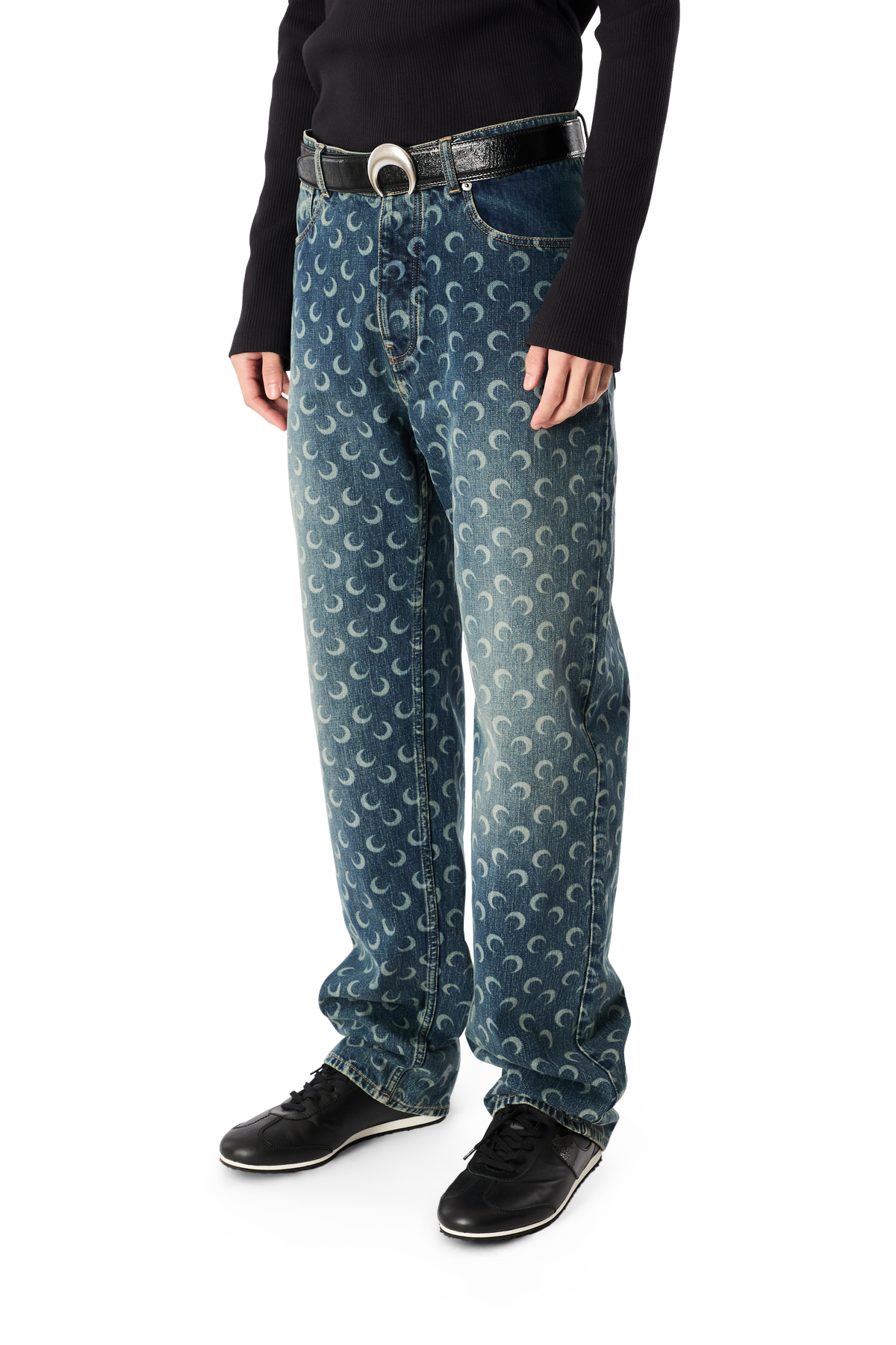 MOON LASER DARK BLUE WASH DENIM STRAIGHT JEANS