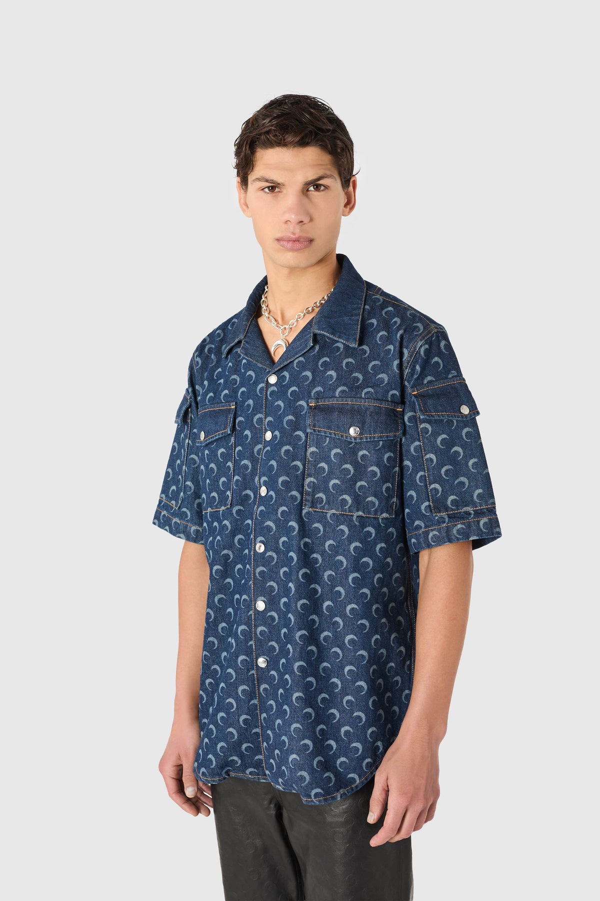 Midnight blue denim loose short sleeves shirt, image 5 of 8