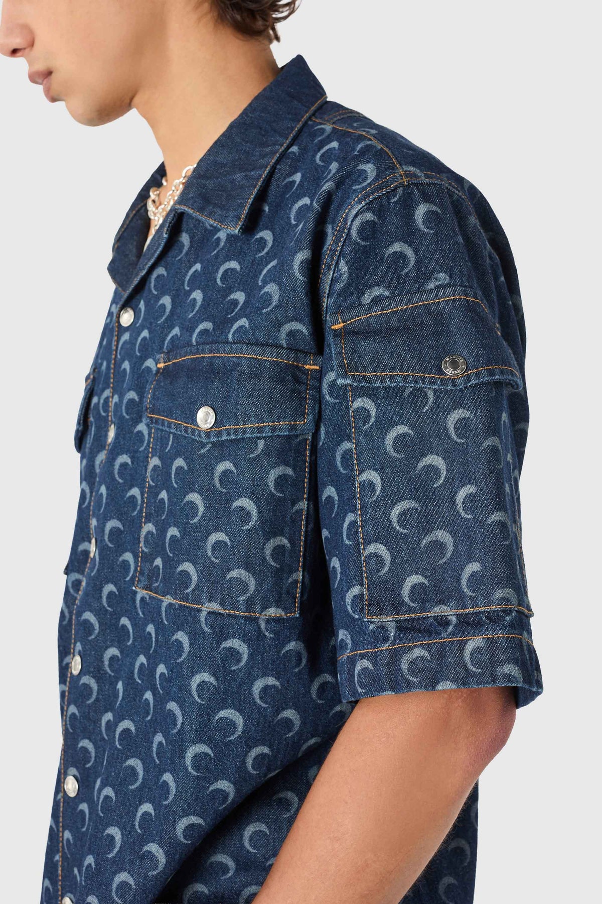 Midnight blue denim loose short sleeves shirt, image 6 of 8