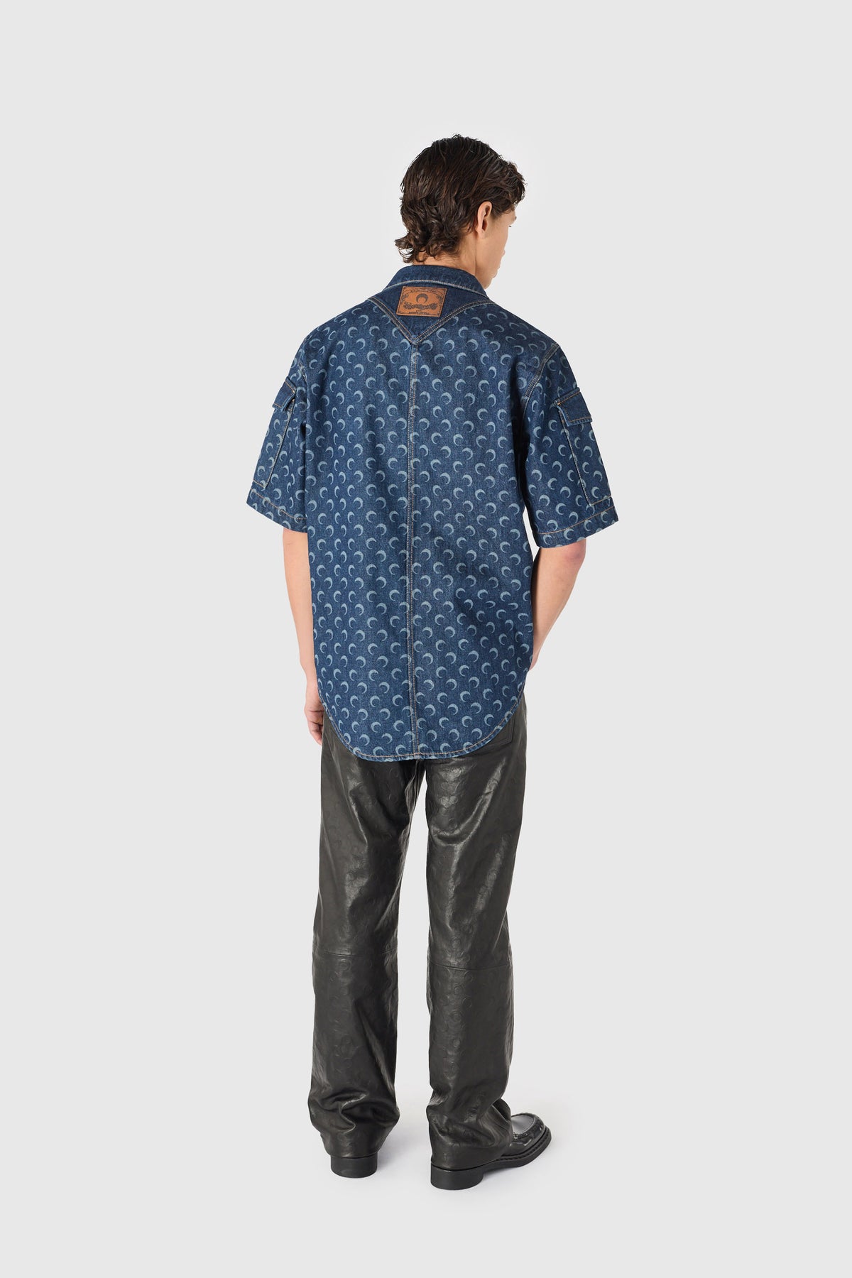 Midnight blue denim loose short sleeves shirt, image 7 of 8