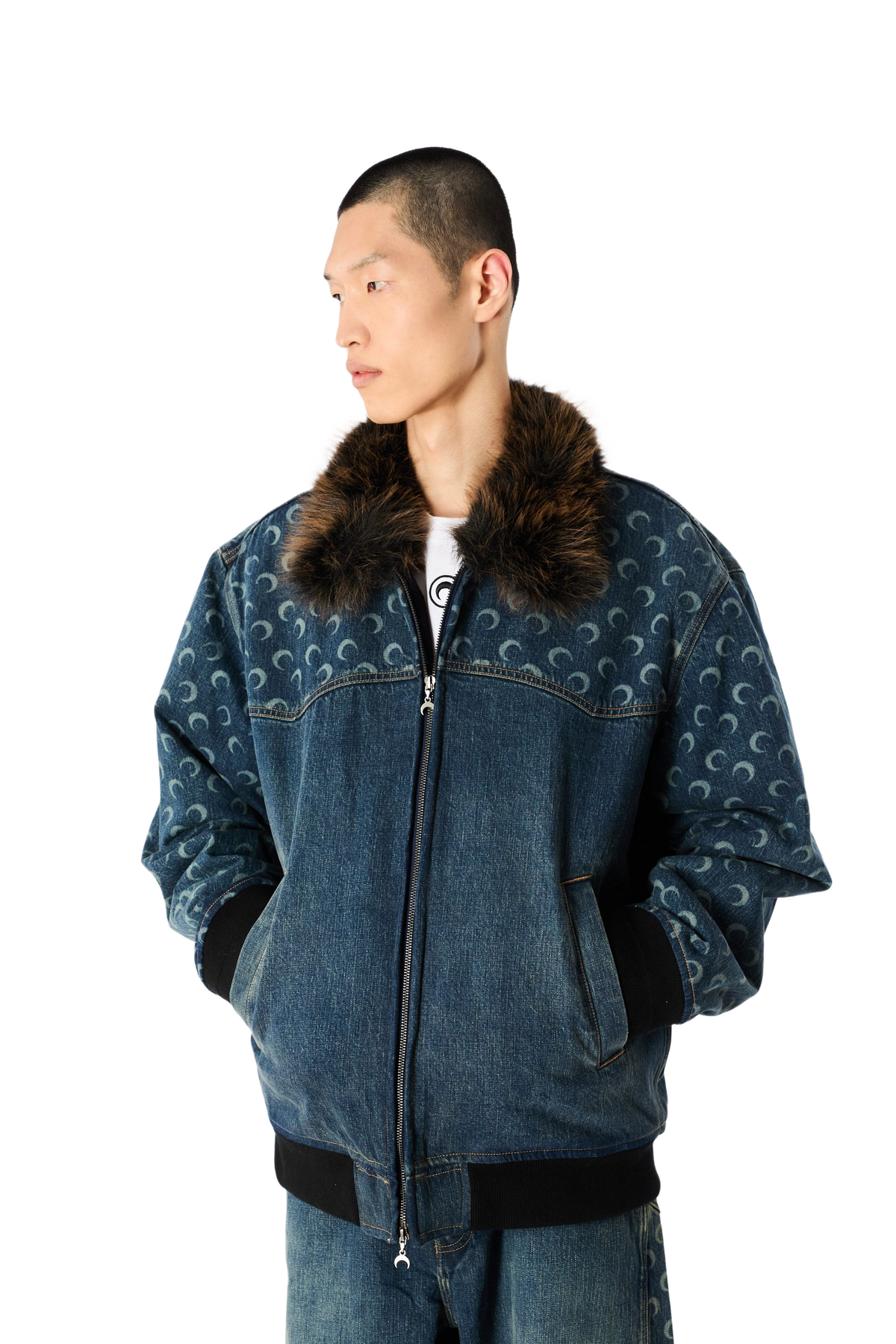 BLOUSON EN DENIM BLEU FONCÉ DÉLAVÉ À MOTIF LUNE AU LASER, image 6 sur 10