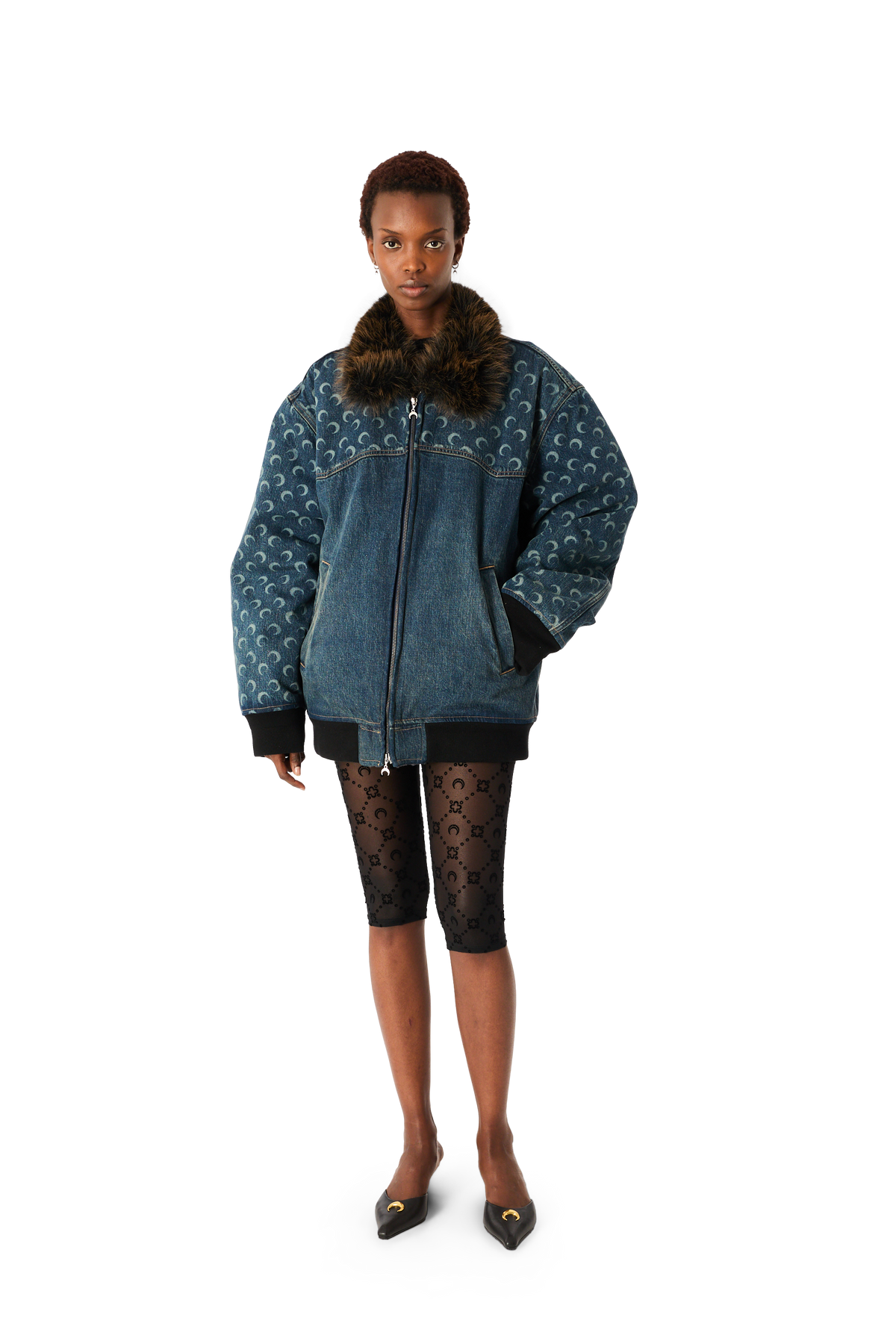 BLOUSON EN DENIM BLEU FONCÉ DÉLAVÉ À MOTIF LUNE AU LASER