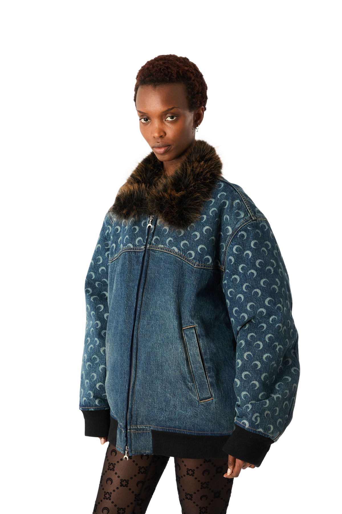BLOUSON EN DENIM BLEU FONCÉ DÉLAVÉ À MOTIF LUNE AU LASER