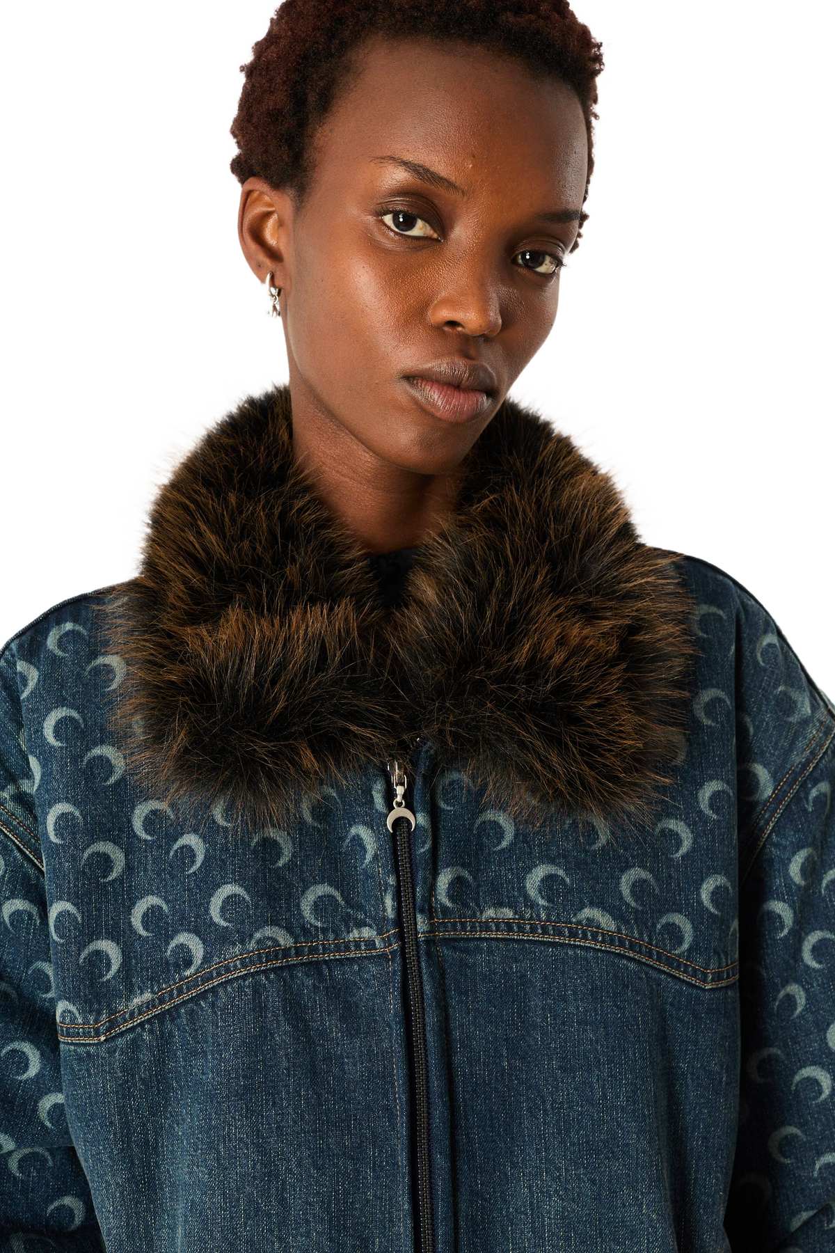 BLOUSON EN DENIM BLEU FONCÉ DÉLAVÉ À MOTIF LUNE AU LASER