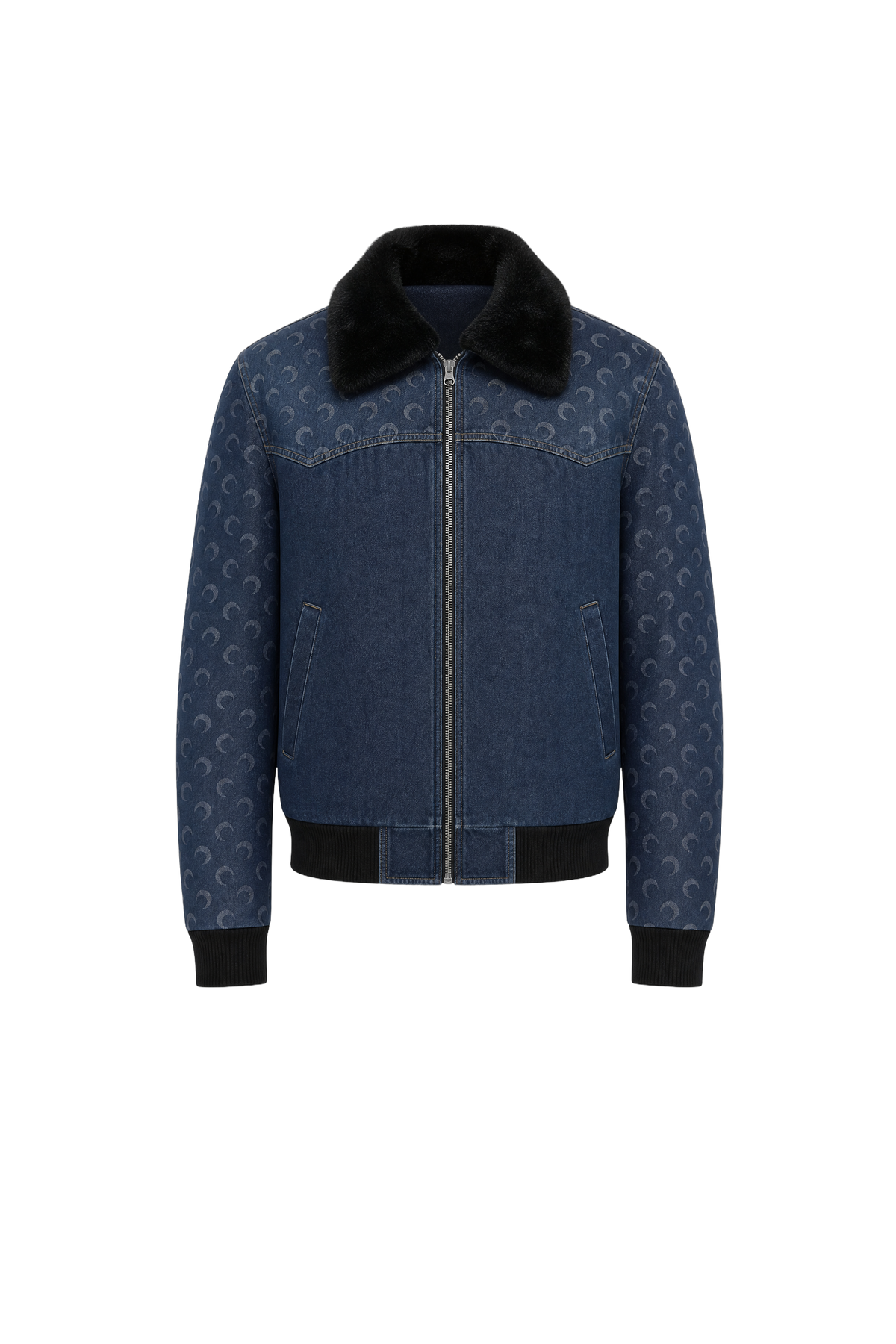 BLOUSON EN DENIM BLEU FONCÉ DÉLAVÉ À MOTIF LUNE AU LASER