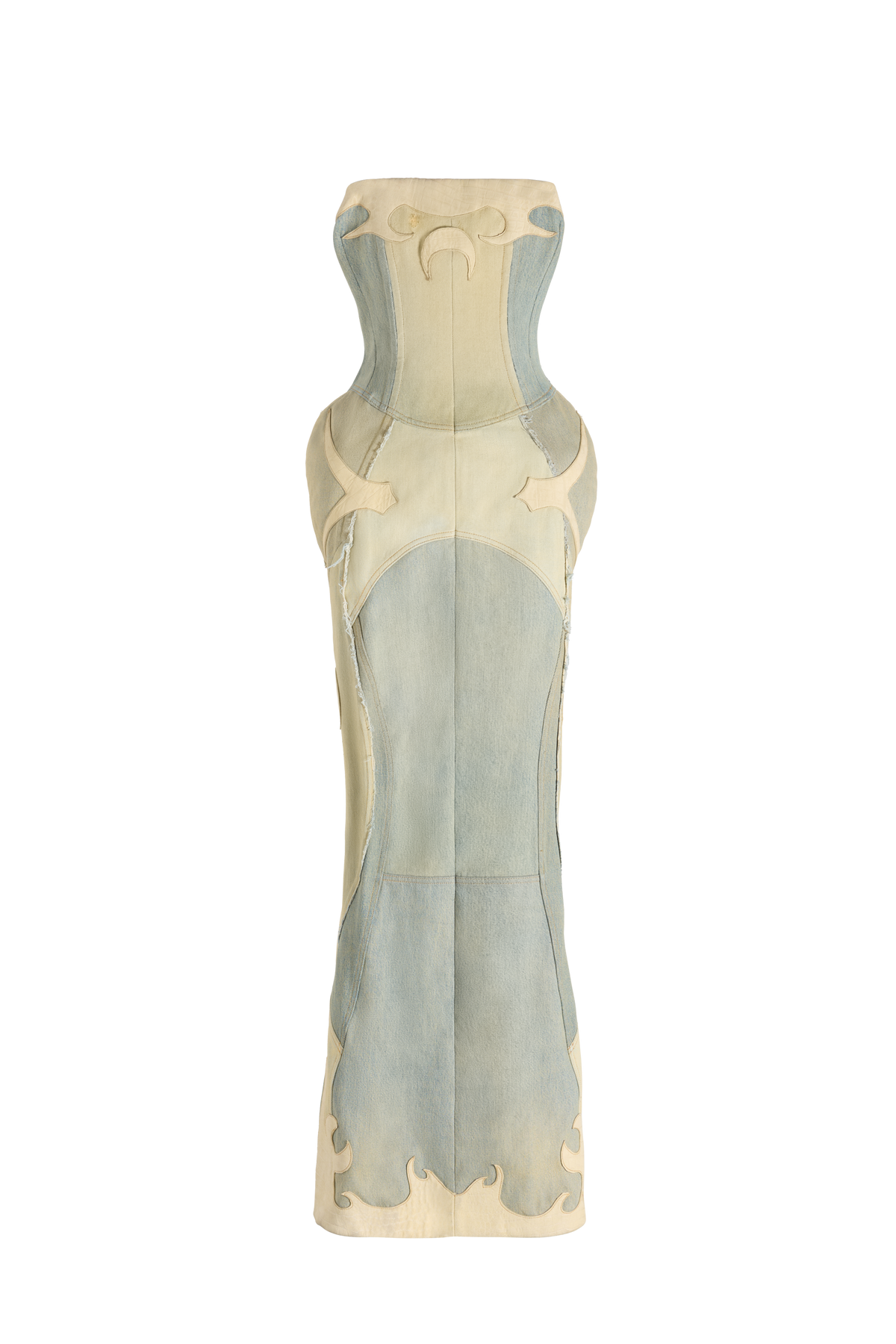 REGENERATED DENIM AND LEATHER BUSTIER DRESS
