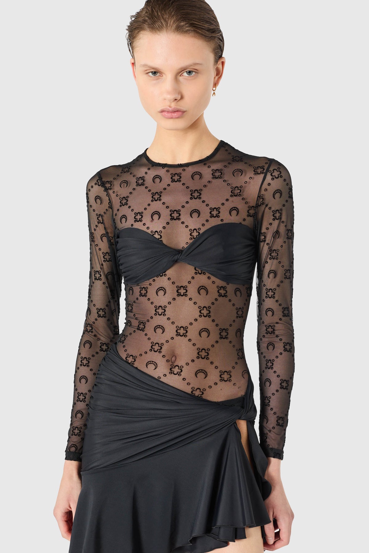 Moonogram mesh flock ruffles mini dress