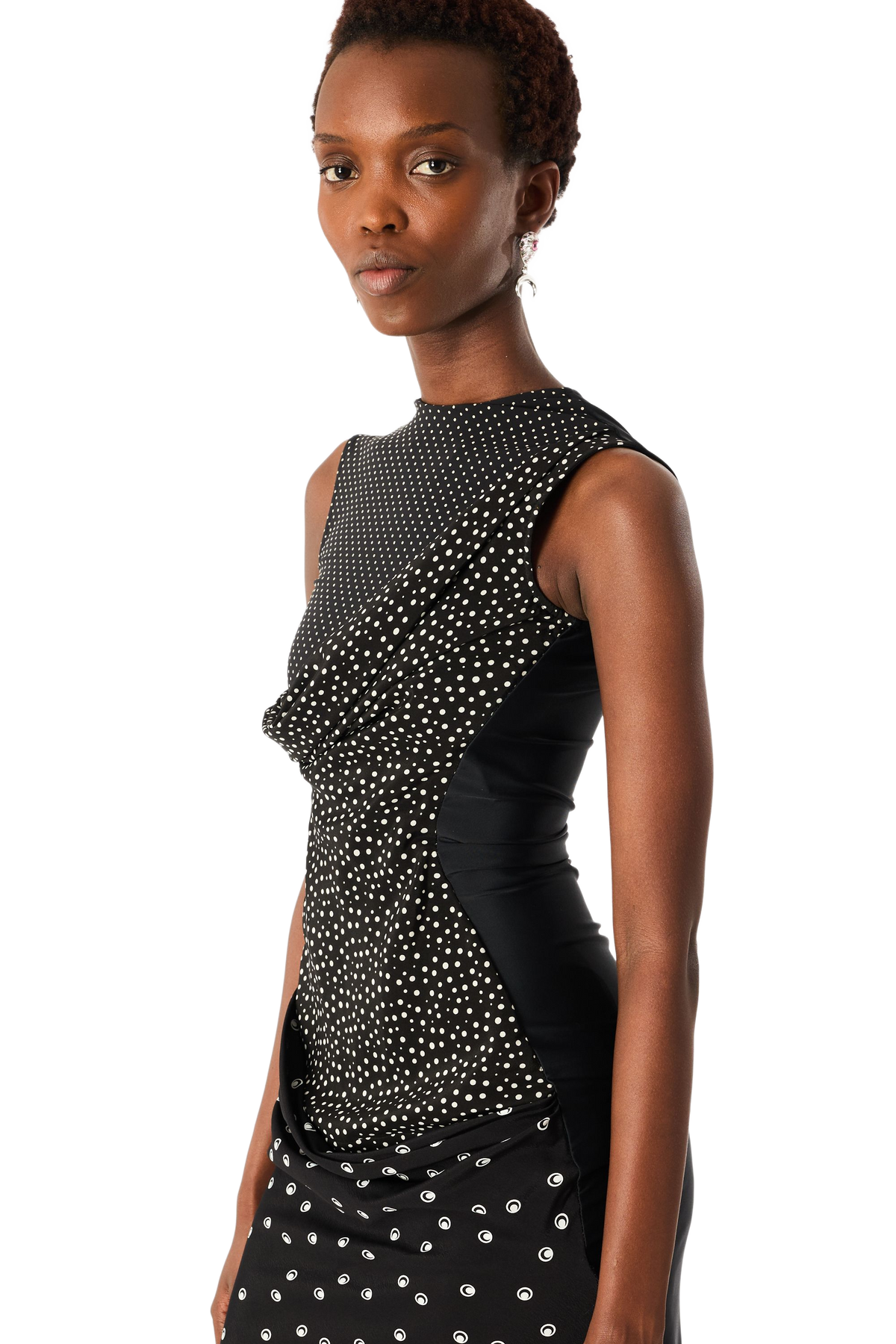 ROBE ASYMÉTRIQUE À POIS EN MÉLANGE DE MATIÈRES, image 4 sur 5