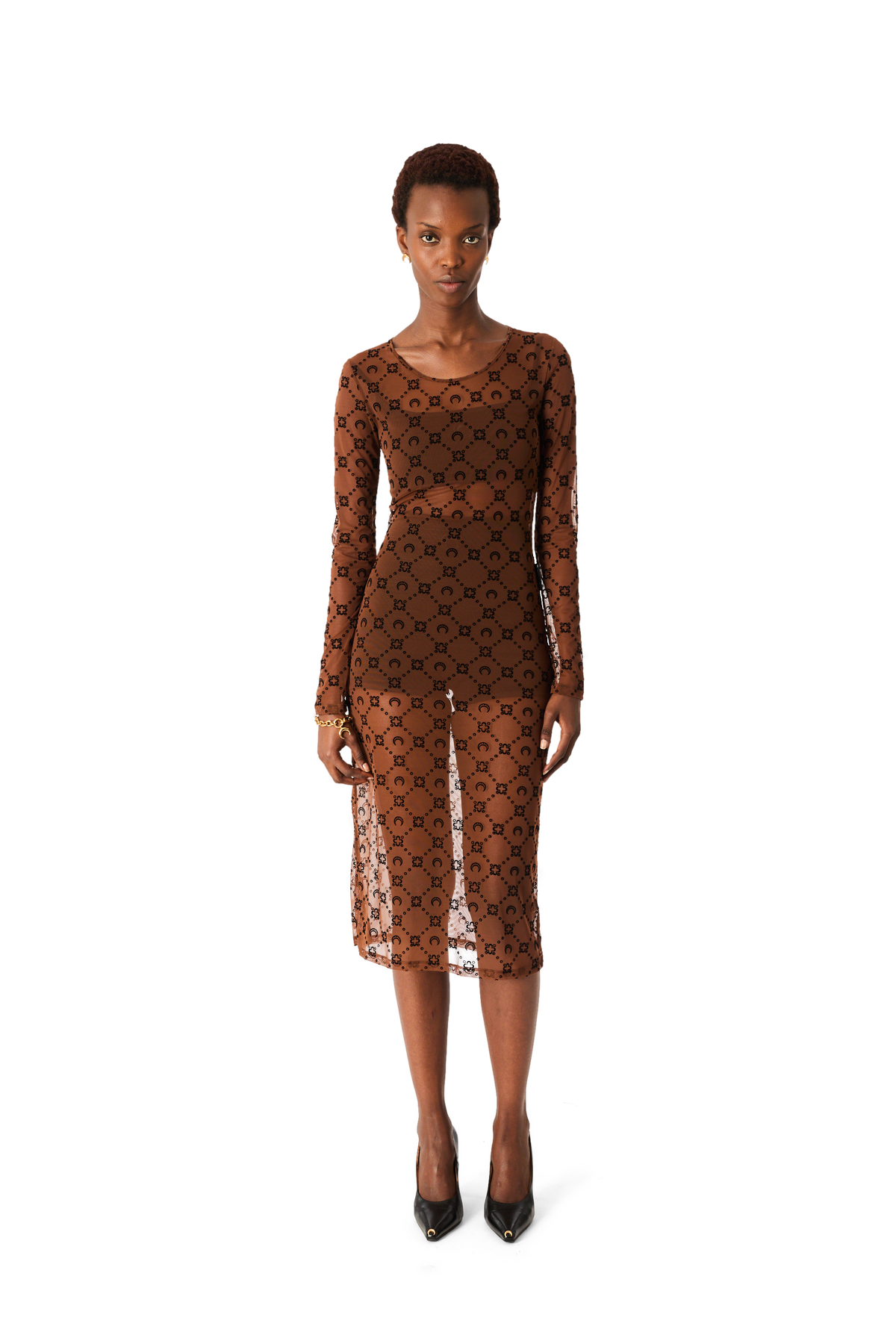 MOONOGRAM MESH FLOCK LONG SLEEVES MIDI CREWNECK DRESS