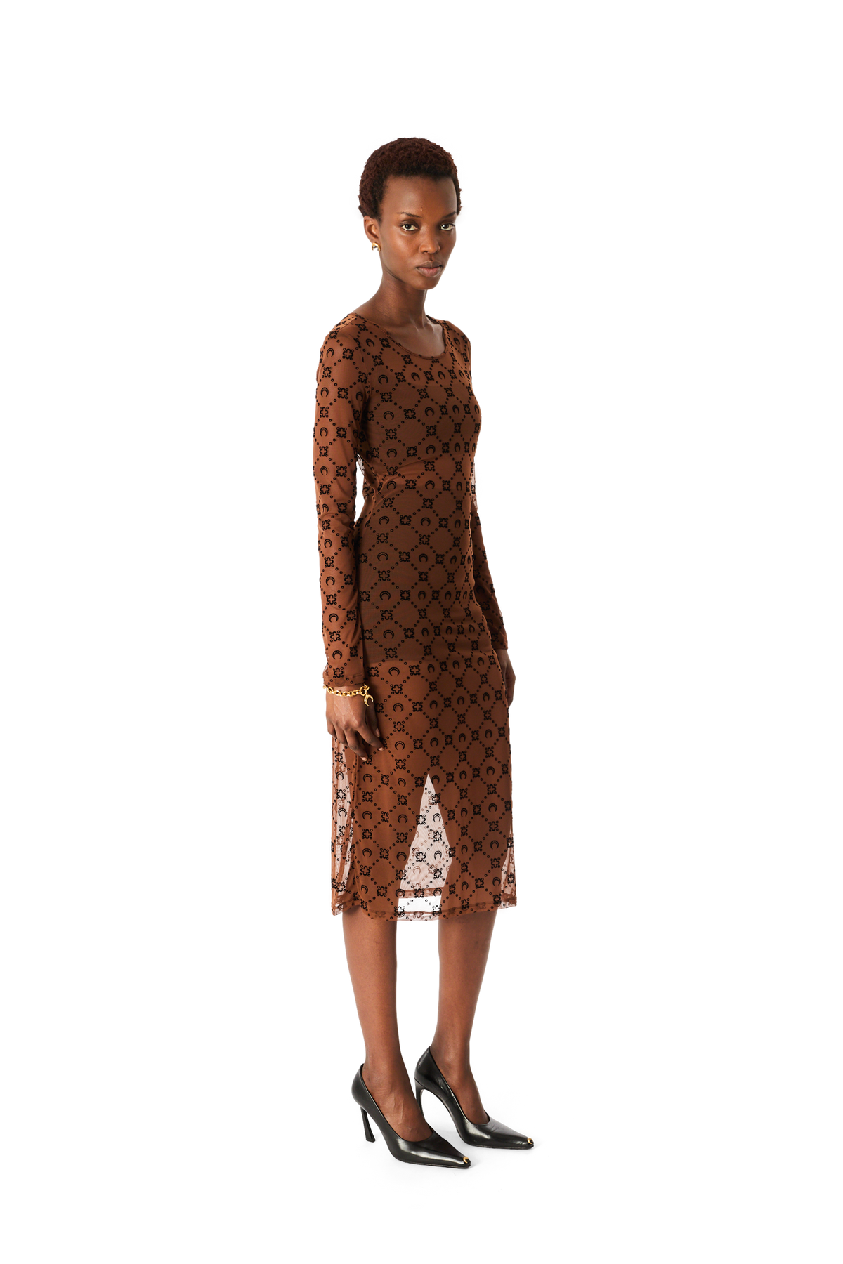 MOONOGRAM MESH FLOCK LONG SLEEVES MIDI CREWNECK DRESS
