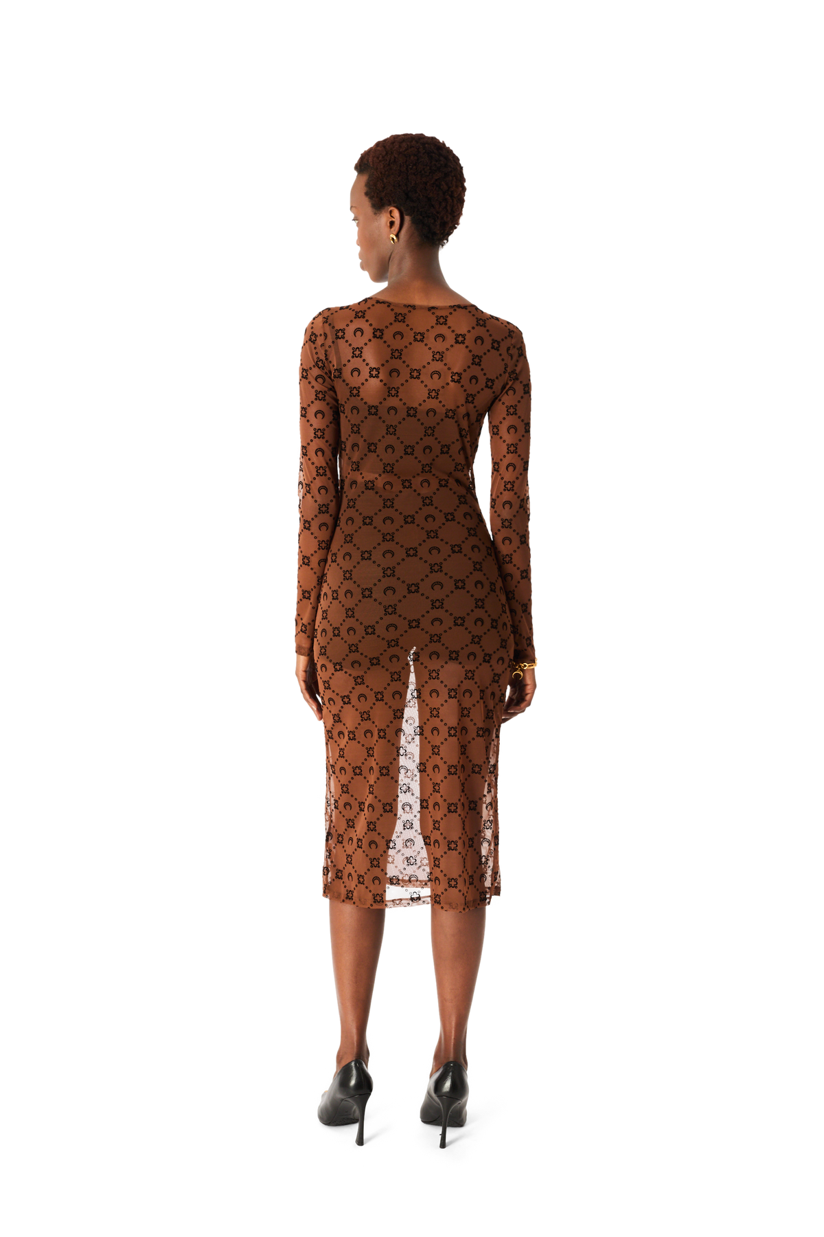 MOONOGRAM MESH FLOCK LONG SLEEVES MIDI CREWNECK DRESS