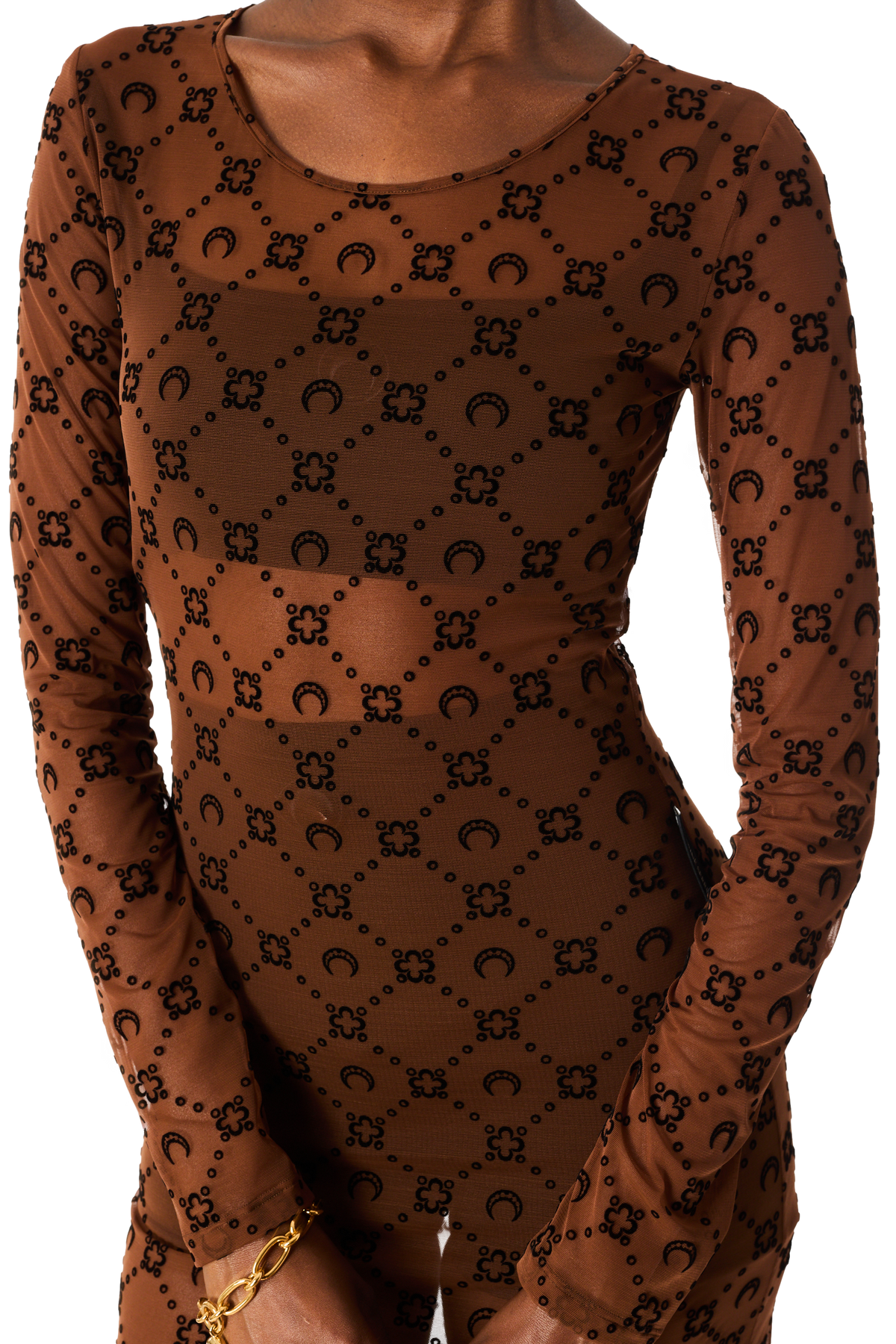 MOONOGRAM MESH FLOCK LONG SLEEVES MIDI CREWNECK DRESS