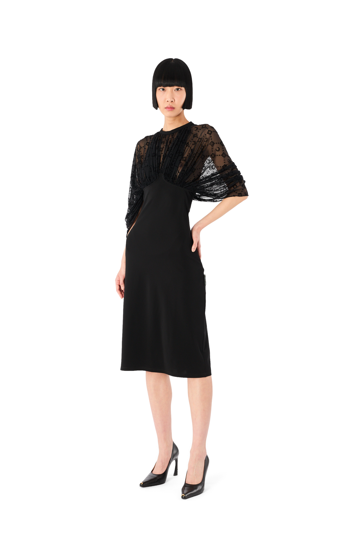 MOONOGRAM MESH FLOCK SHORT SLEEVES MIDI DRESS