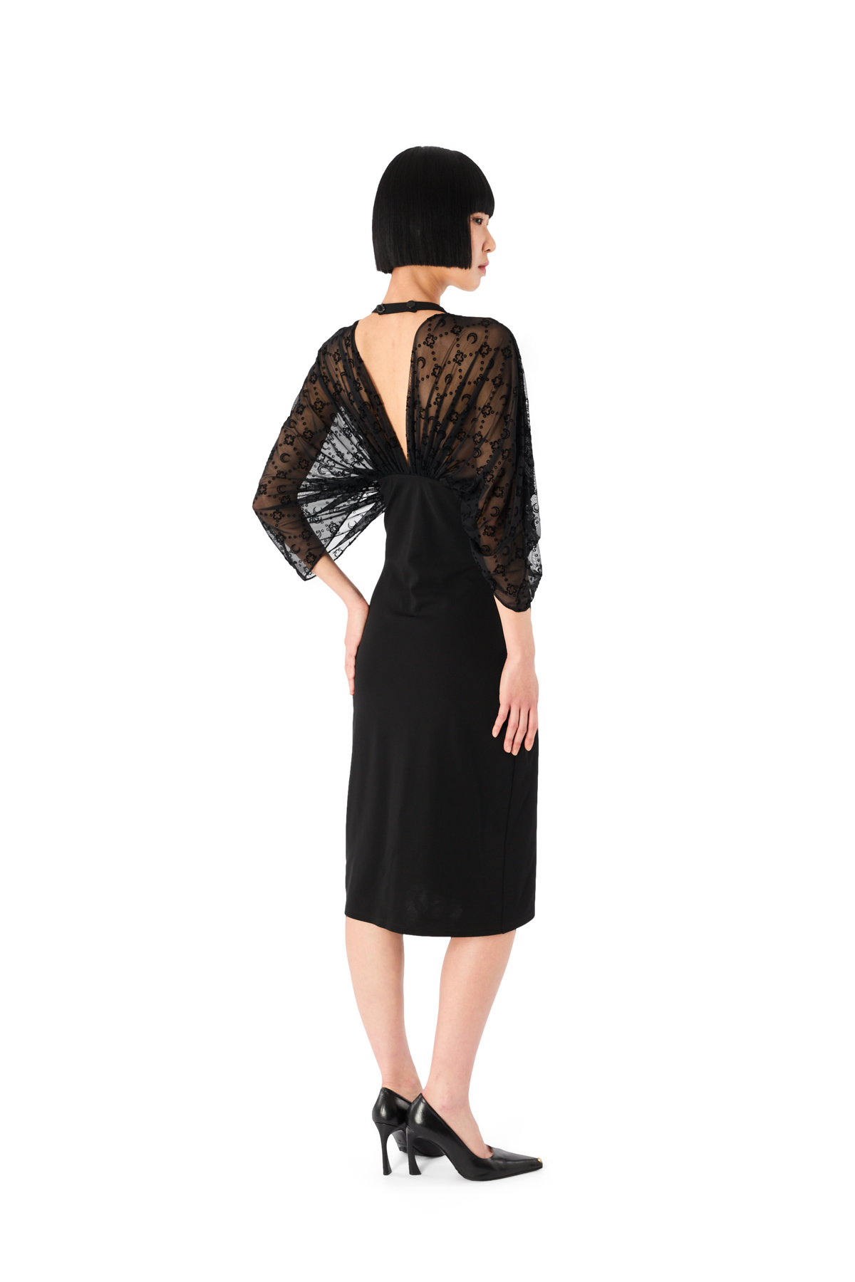 MOONOGRAM MESH FLOCK SHORT SLEEVES MIDI DRESS