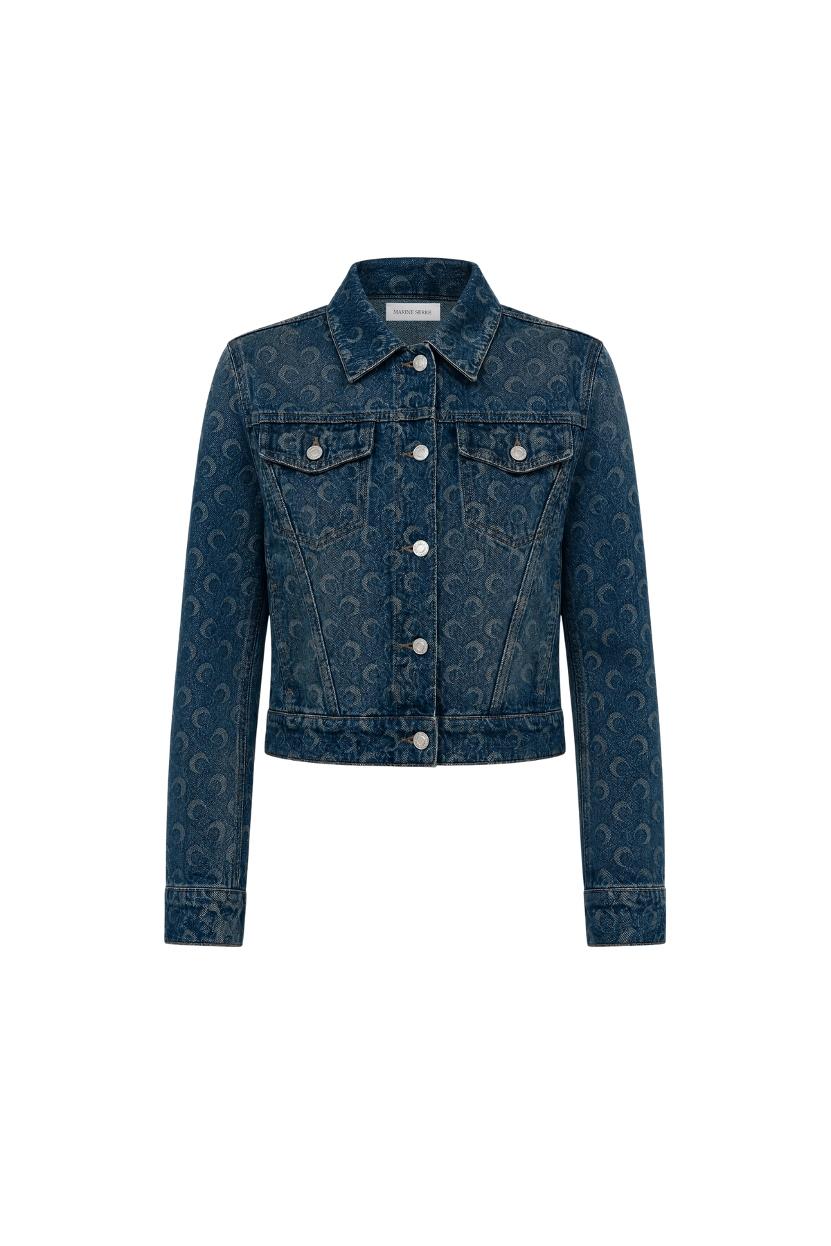 VESTE TRUCKER EN DENIM BLEU FONCÉ DÉLAVÉ, MOTIF LUNE AU LASER