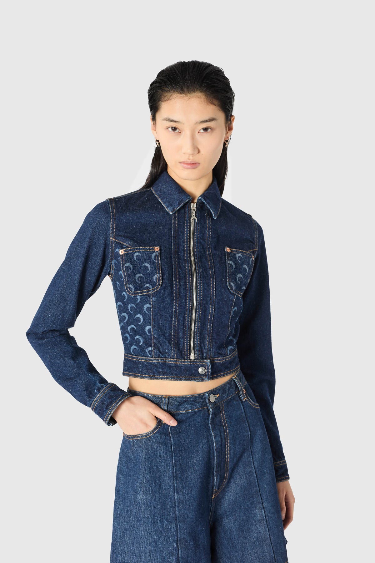 Veste trucker zippée en jean bleu nuit