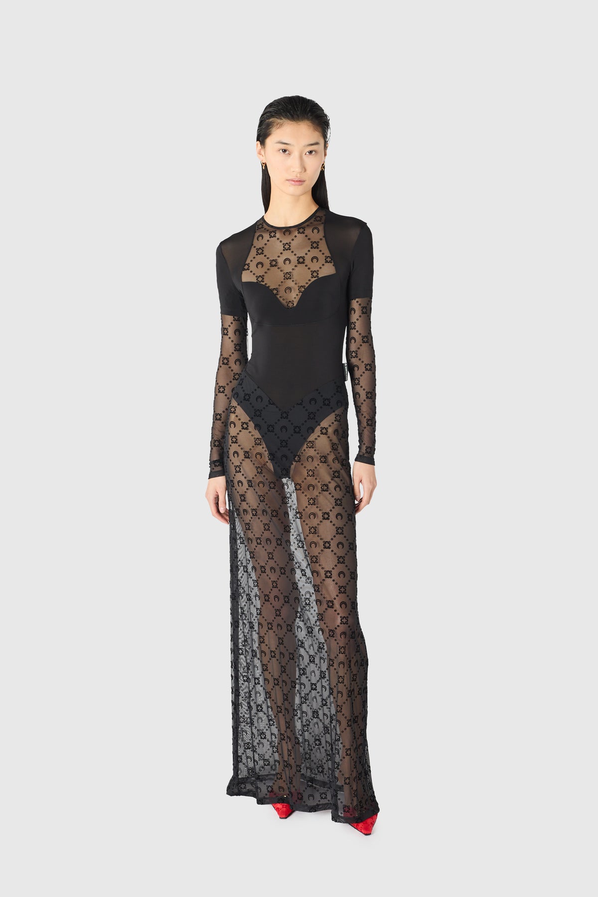 Layered jersey mesh flock long dress