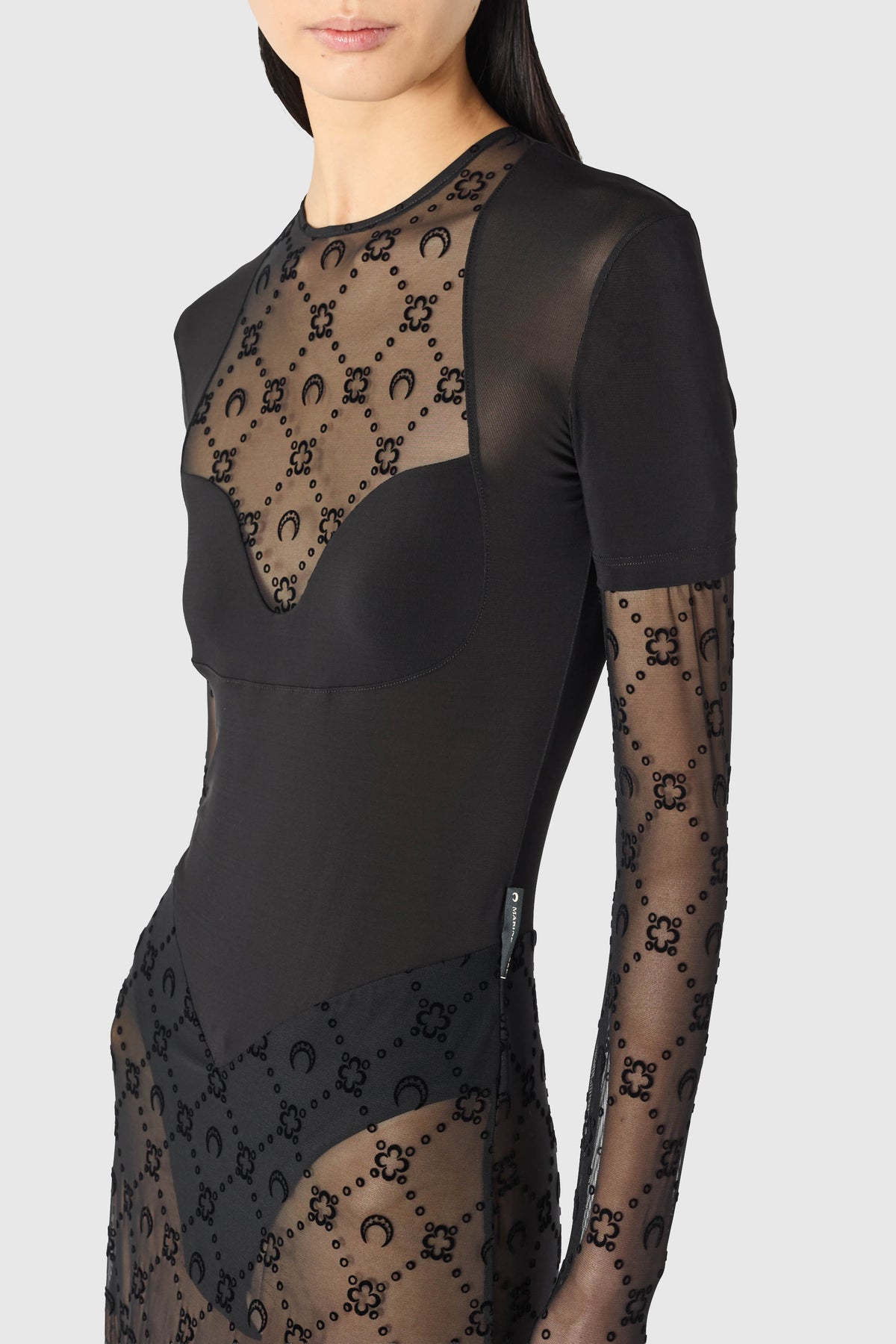 Layered jersey mesh flock long dress