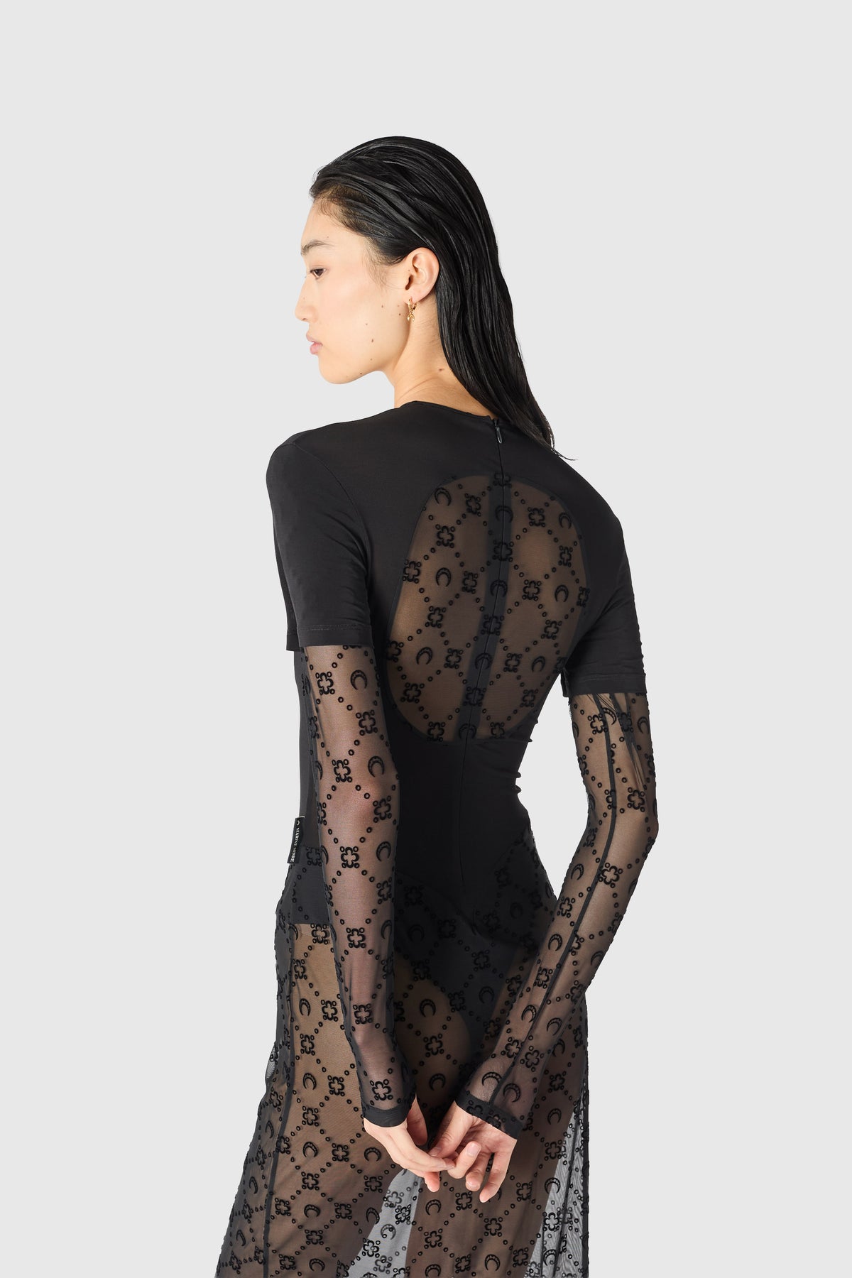 Layered jersey mesh flock long dress, image 4 of 6