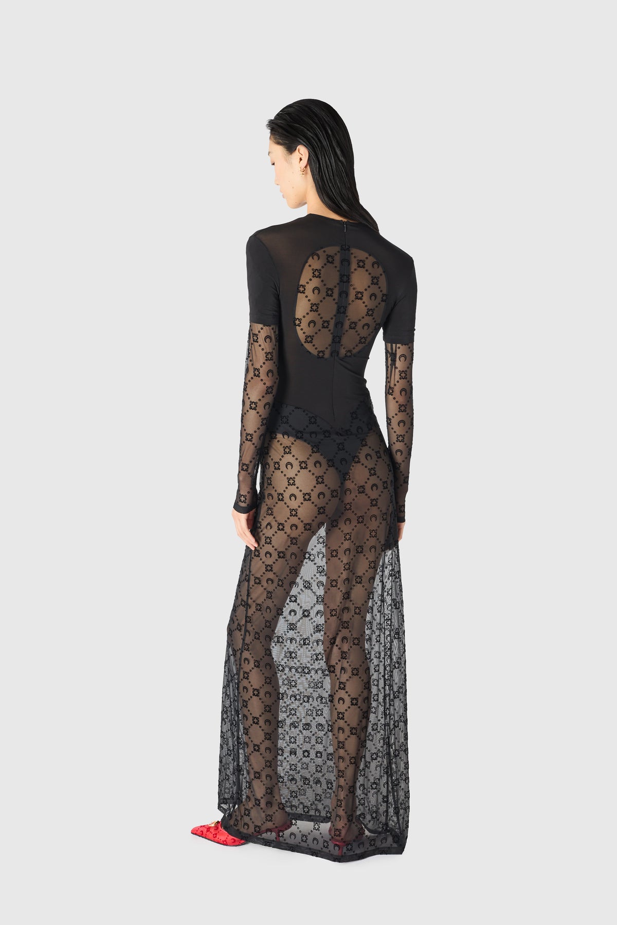 Layered jersey mesh flock long dress, image 5 of 6