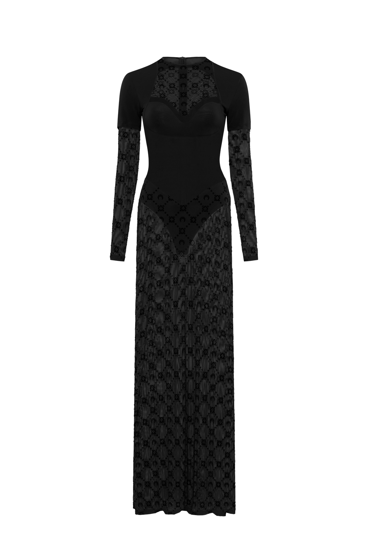 Layered jersey mesh flock long dress