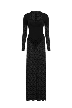 Layered jersey mesh flock long dress