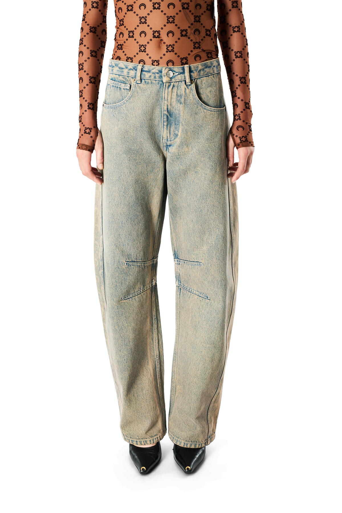 JEAN BARREL EN DENIM DÉLAVÉ AU SABLE À MOTIF LUNE AU LASER