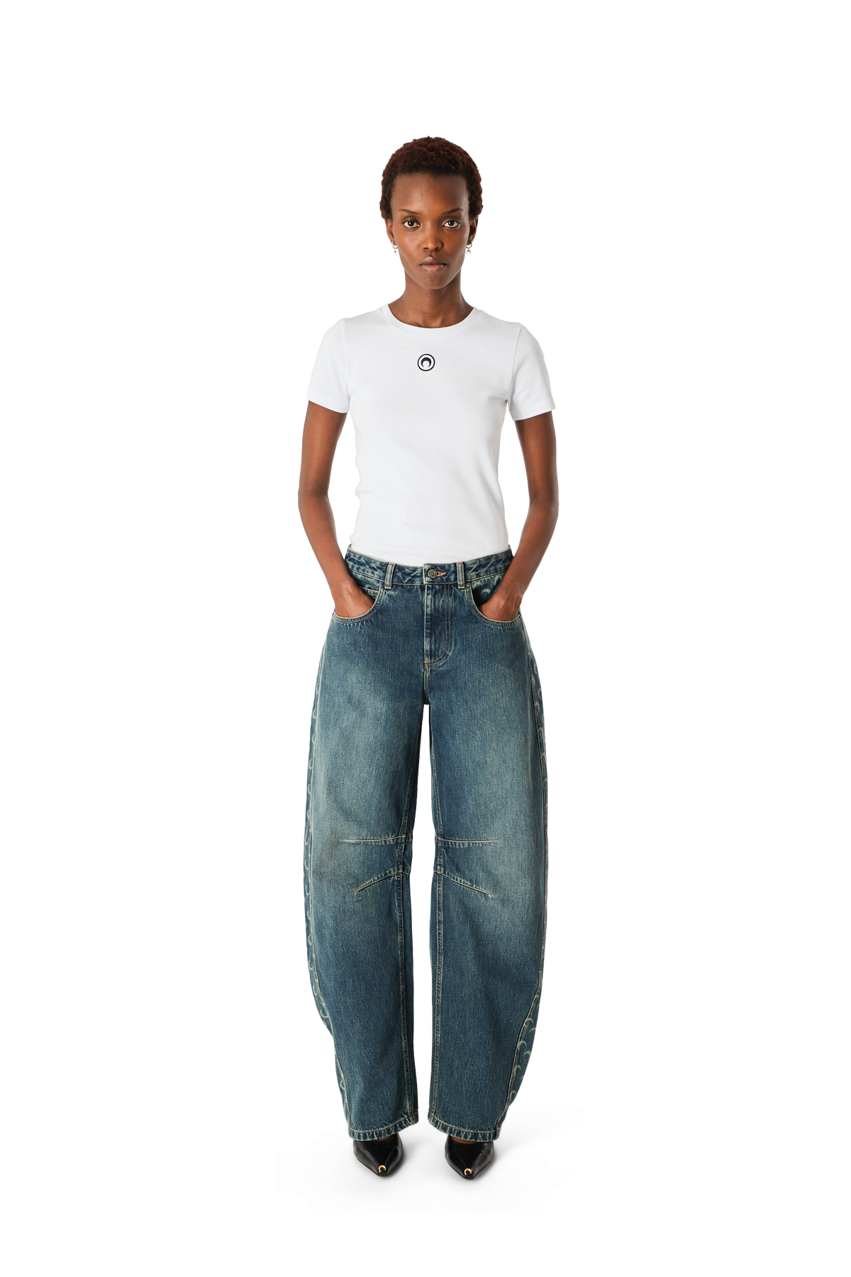 MOON LASER DARK BLUE WASH DENIM BARREL JEANS