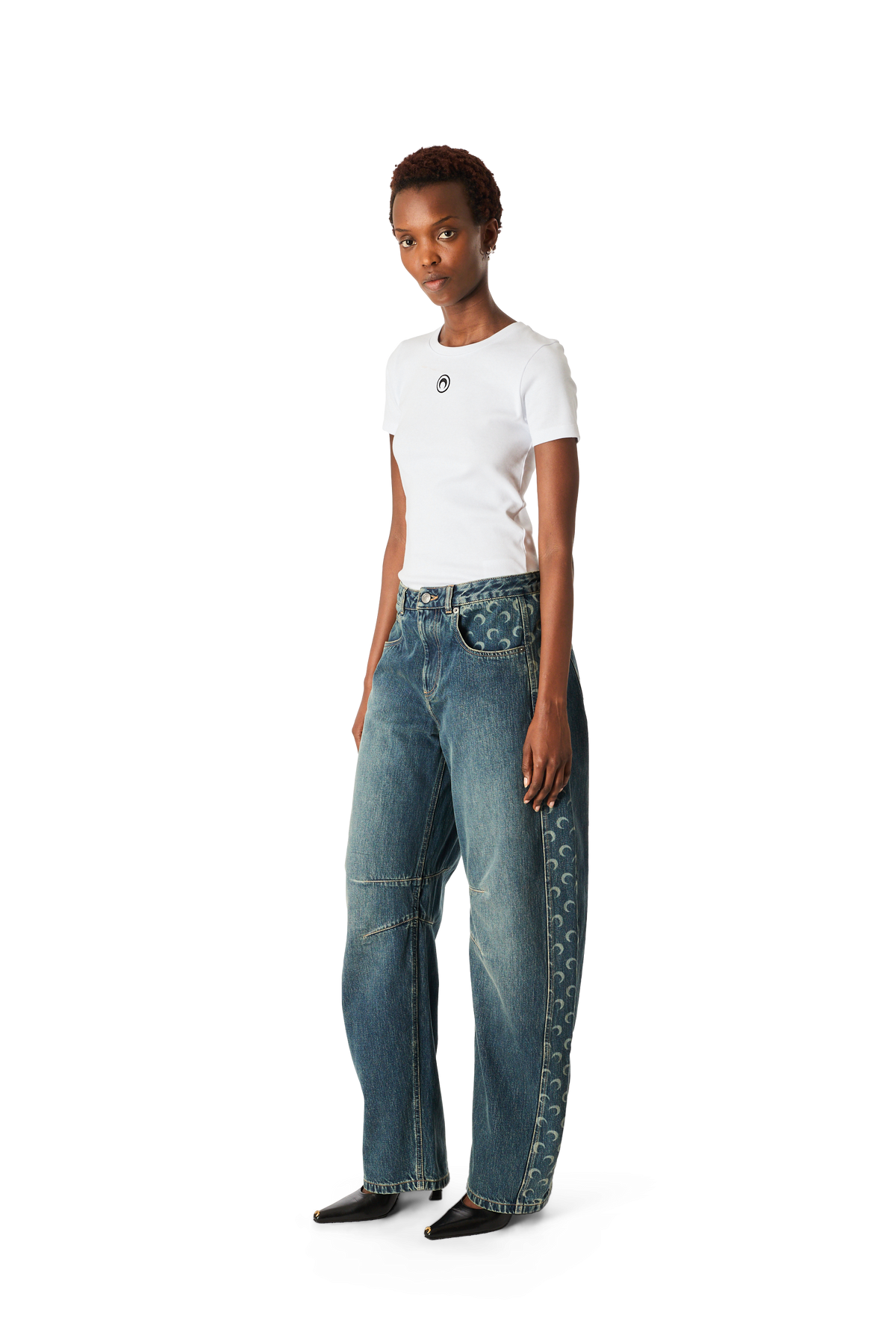 MOON LASER DARK BLUE WASH DENIM BARREL JEANS