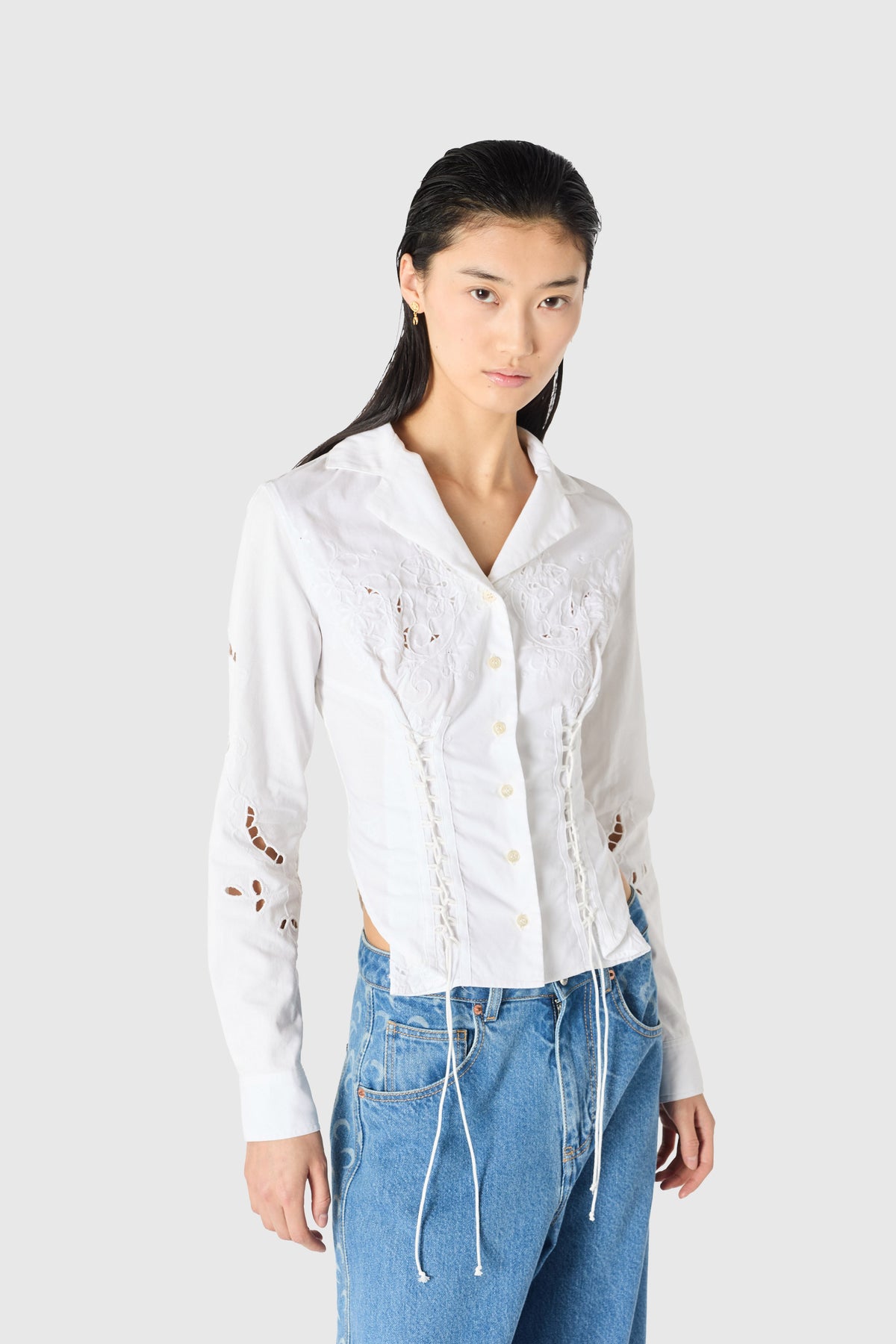 Chemise à manches longues lacée en linge de maison régénéré