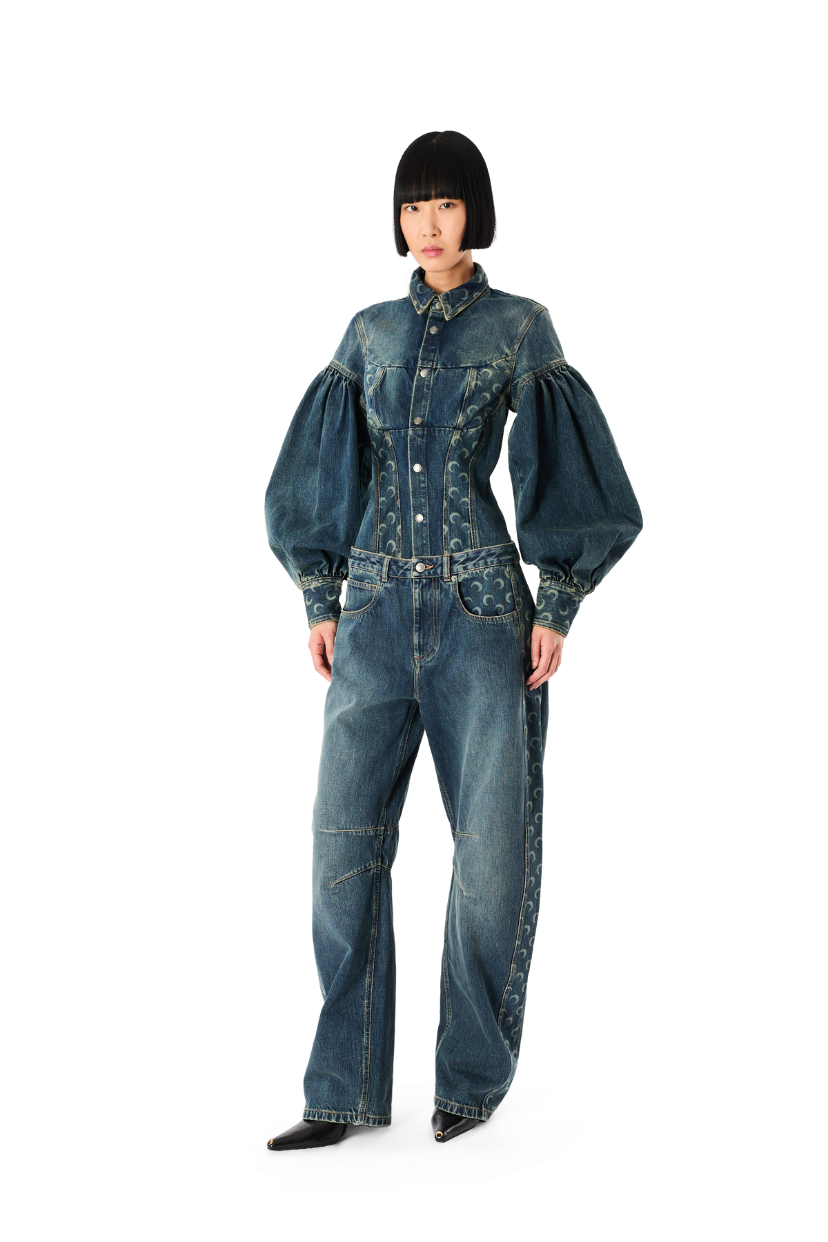MOON LASER DARK BLUE WASH DENIM LONS SLEEVES SHIRT