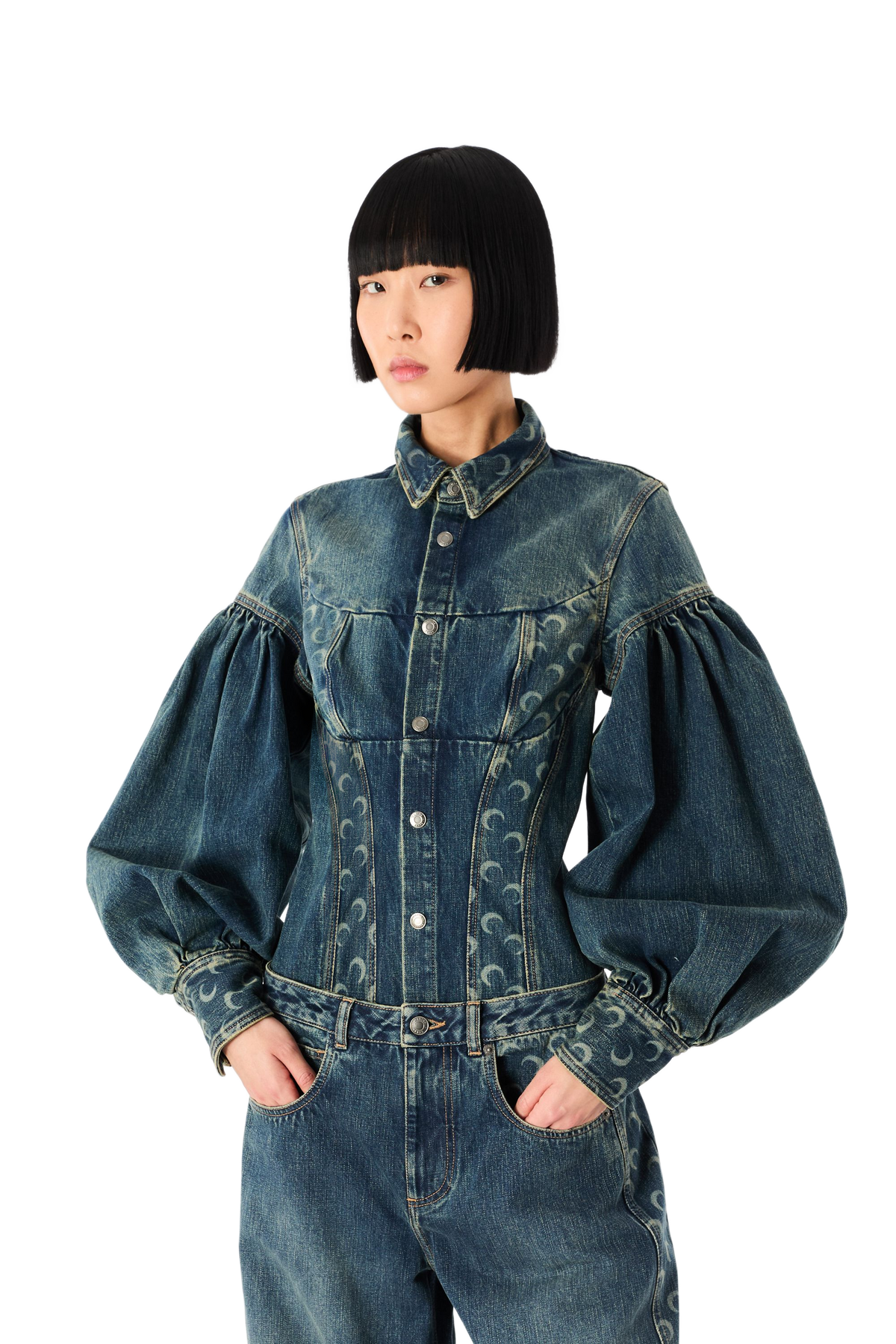 MOON LASER DARK BLUE WASH DENIM LONS SLEEVES SHIRT