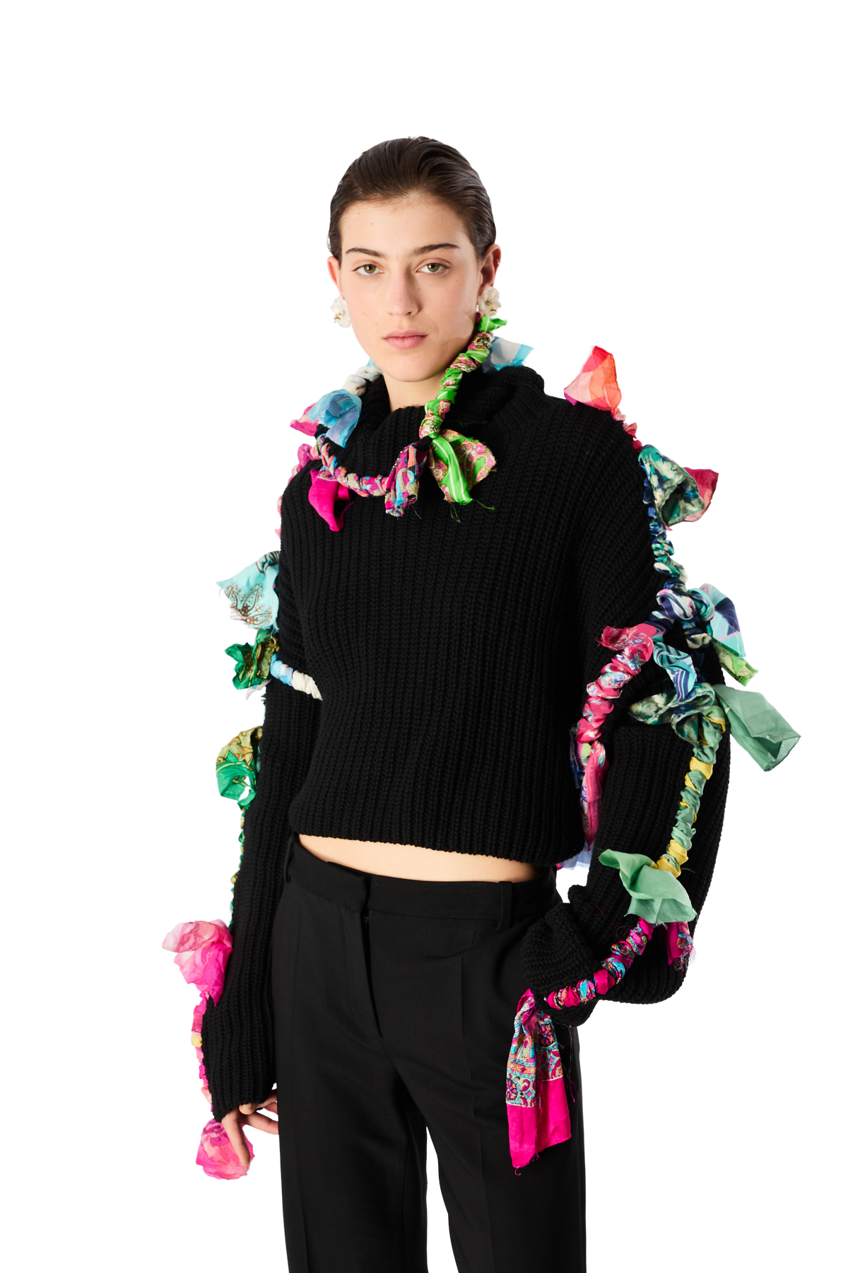 REGENERATED SILK SCARVES CROPPED HIGH NECK SWEATER