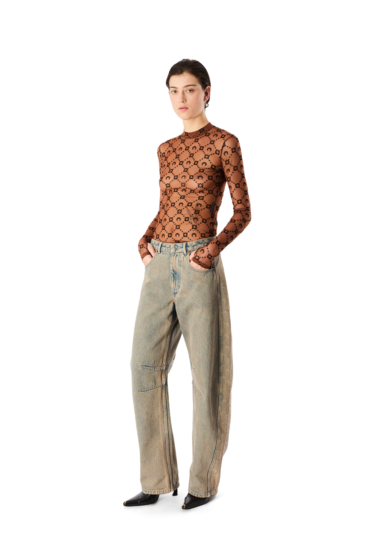 JEAN BARREL EN DENIM DÉLAVÉ AU SABLE À MOTIF LUNE AU LASER