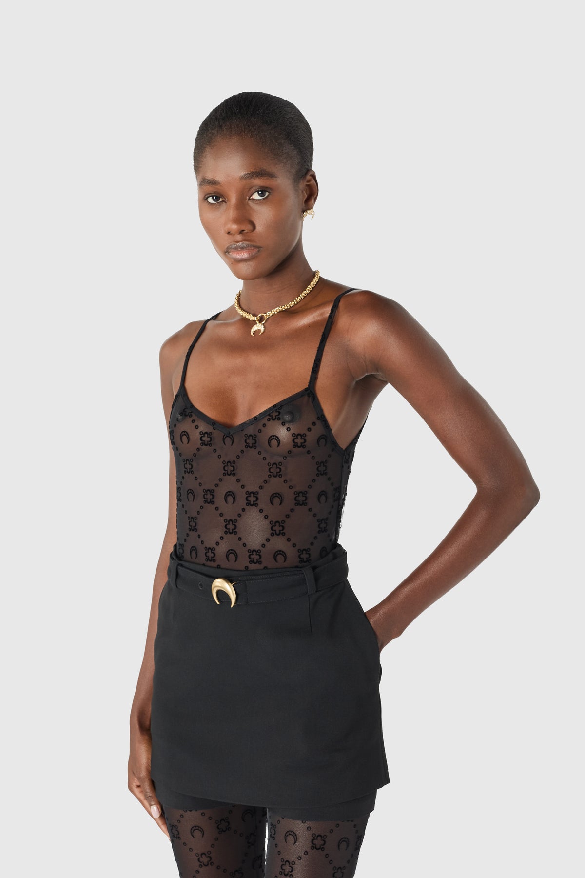 Moonogram mesh flock straps top