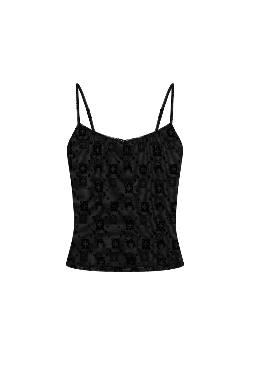 Moonogram mesh flock straps top