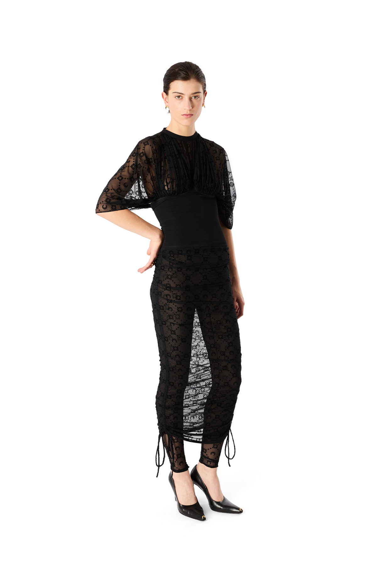 MOONOGRAM MESH FLOCK SHORT SLEEVES OPEN BACK TOP