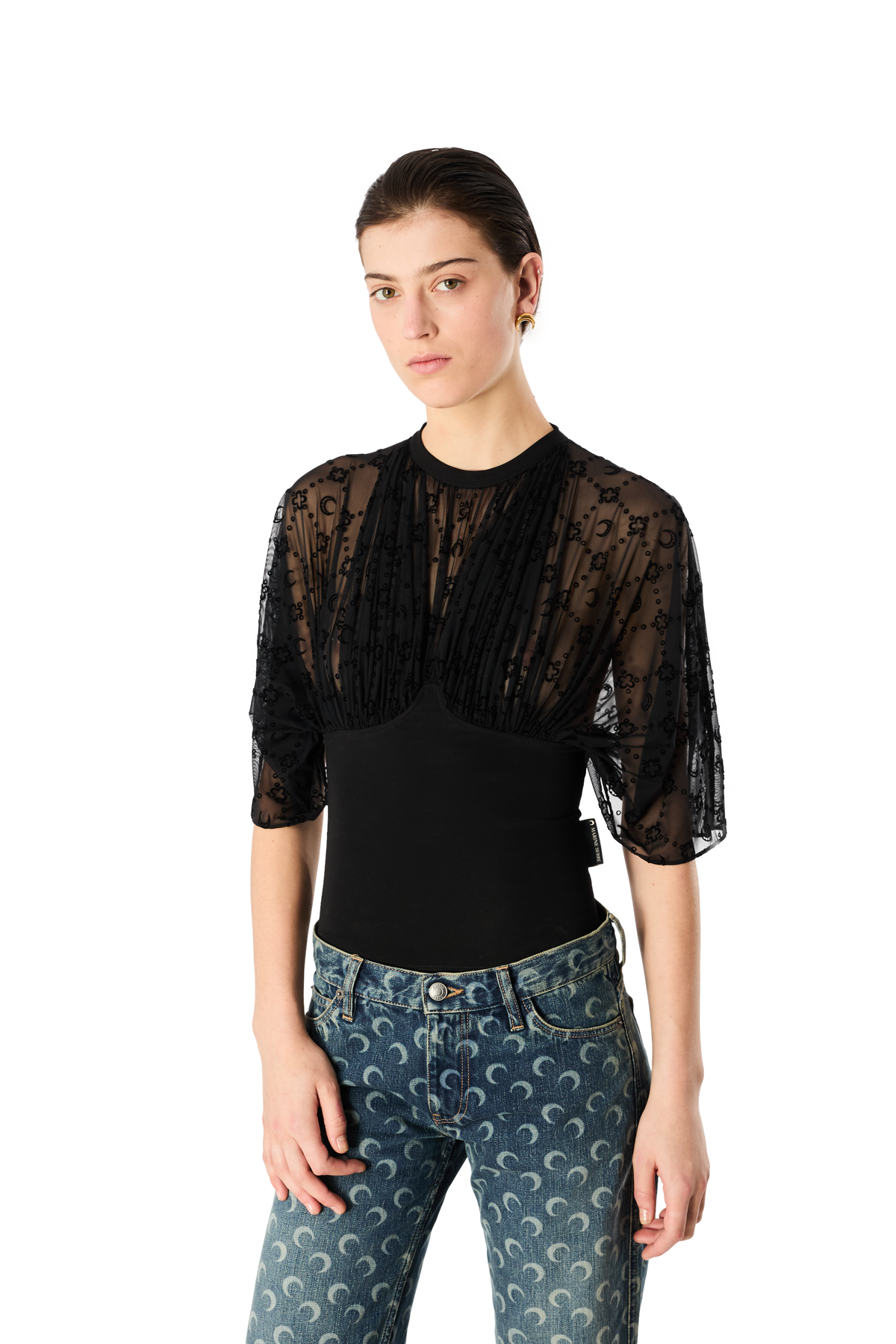 MOONOGRAM MESH FLOCK SHORT SLEEVES OPEN BACK TOP