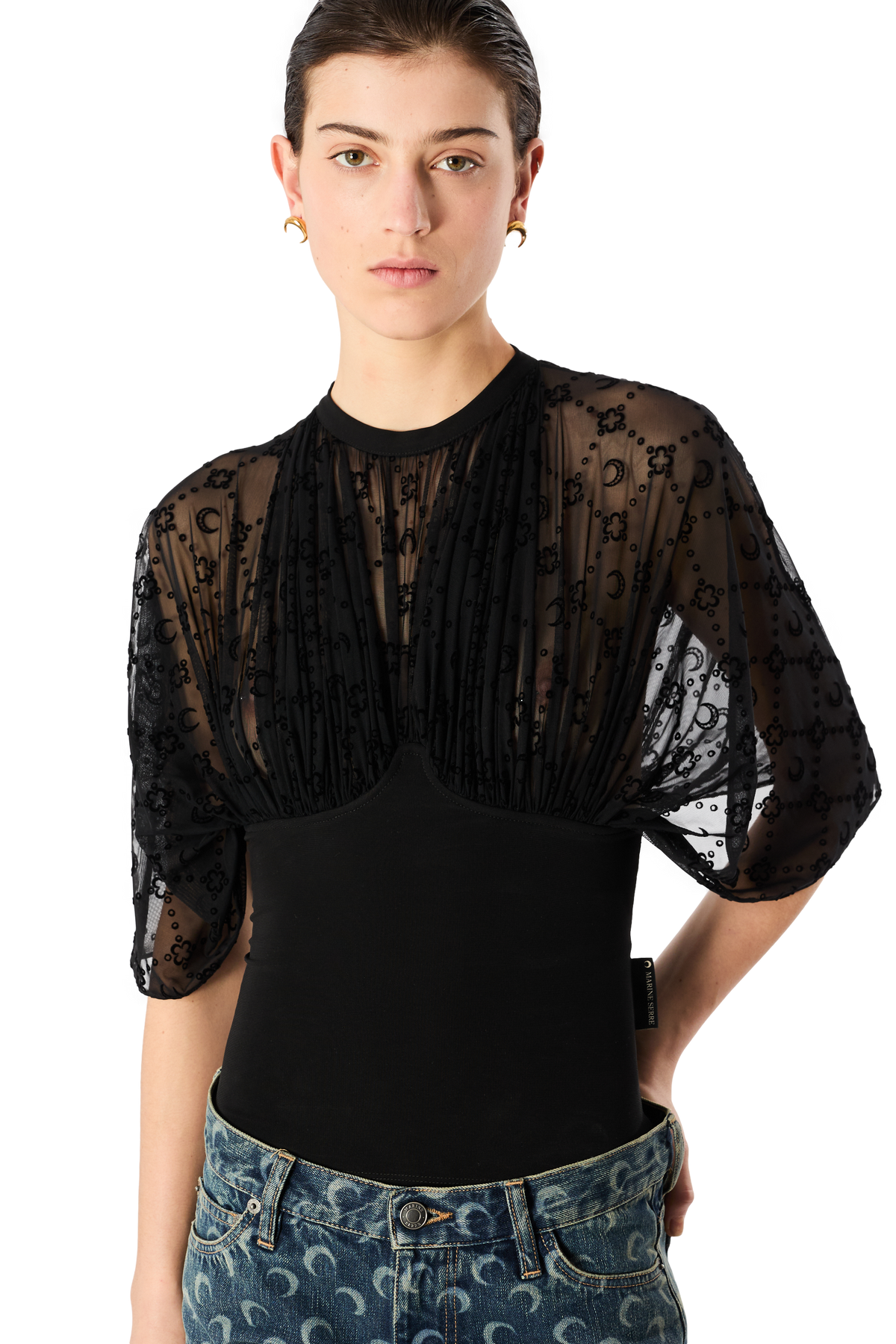 MOONOGRAM MESH FLOCK SHORT SLEEVES OPEN BACK TOP