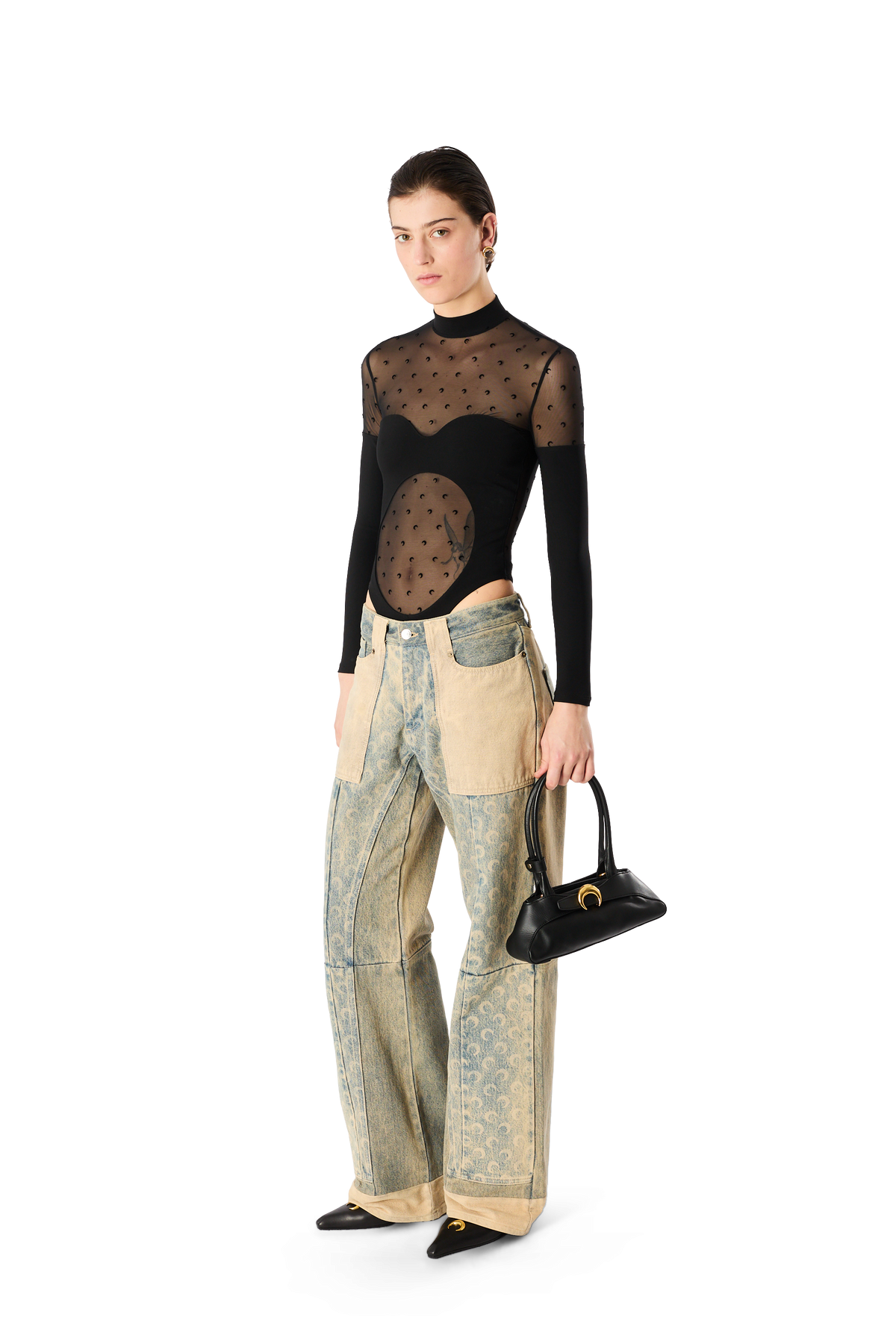 PLUMETIS MOON MESH &amp; SHINY JERSEY LONG SLEEVES BODYSUIT TOP, image 1 of 6