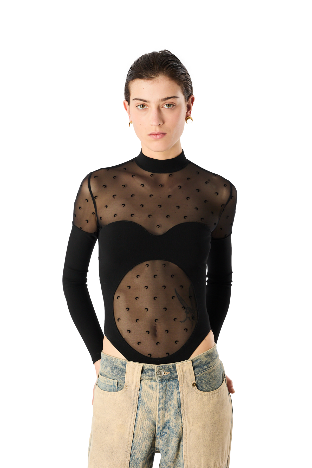 PLUMETIS MOON MESH &amp; SHINY JERSEY LONG SLEEVES BODYSUIT TOP, image 2 of 6