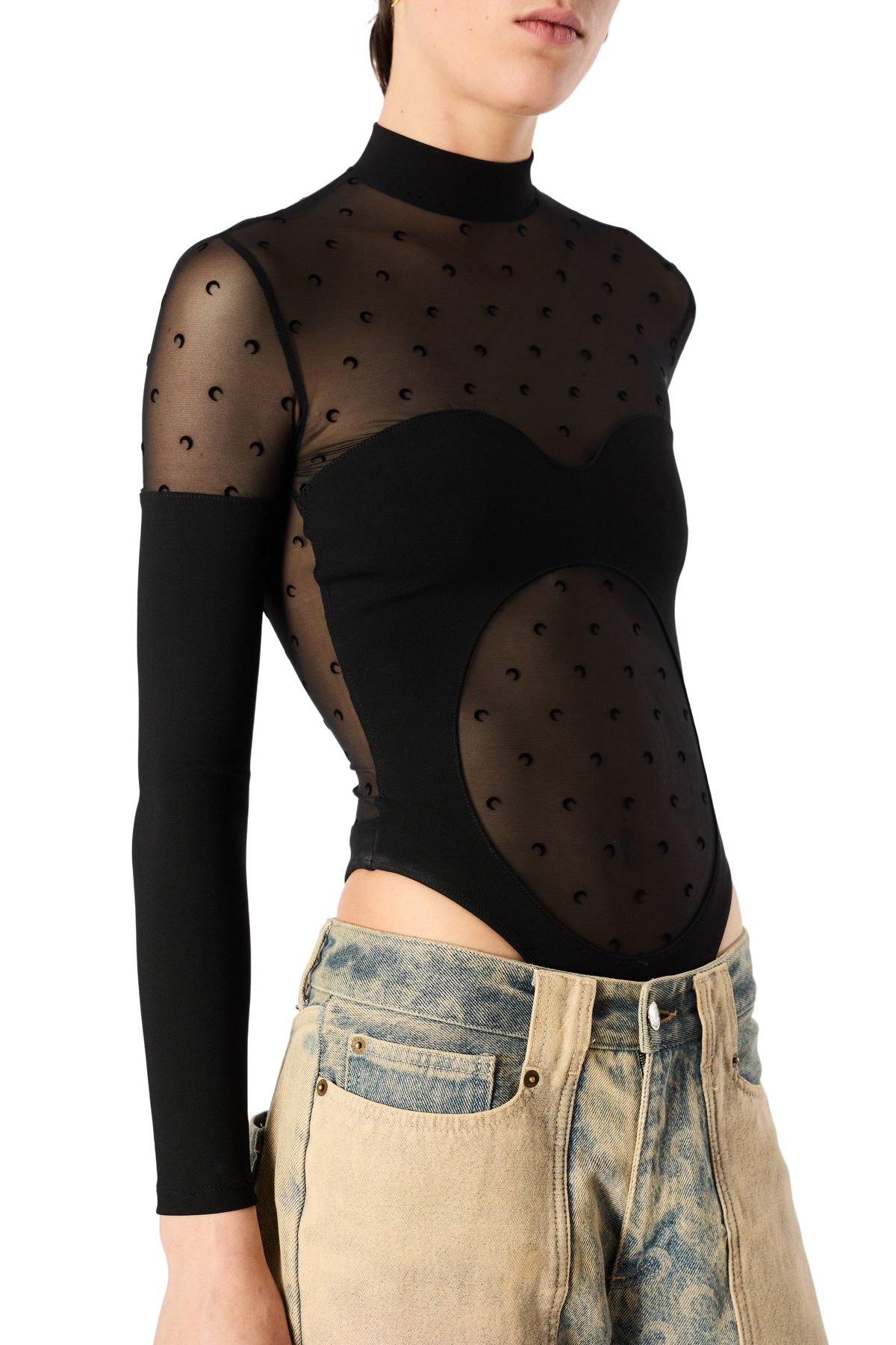 PLUMETIS MOON MESH &amp; SHINY JERSEY LONG SLEEVES BODYSUIT TOP, image 3 of 6