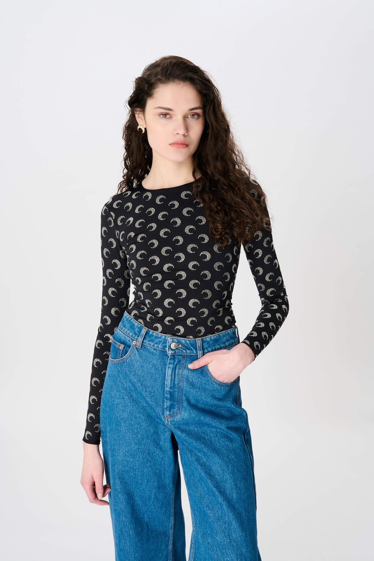 Recycled Moon Strass Jersey Second Skin Crewneck Top