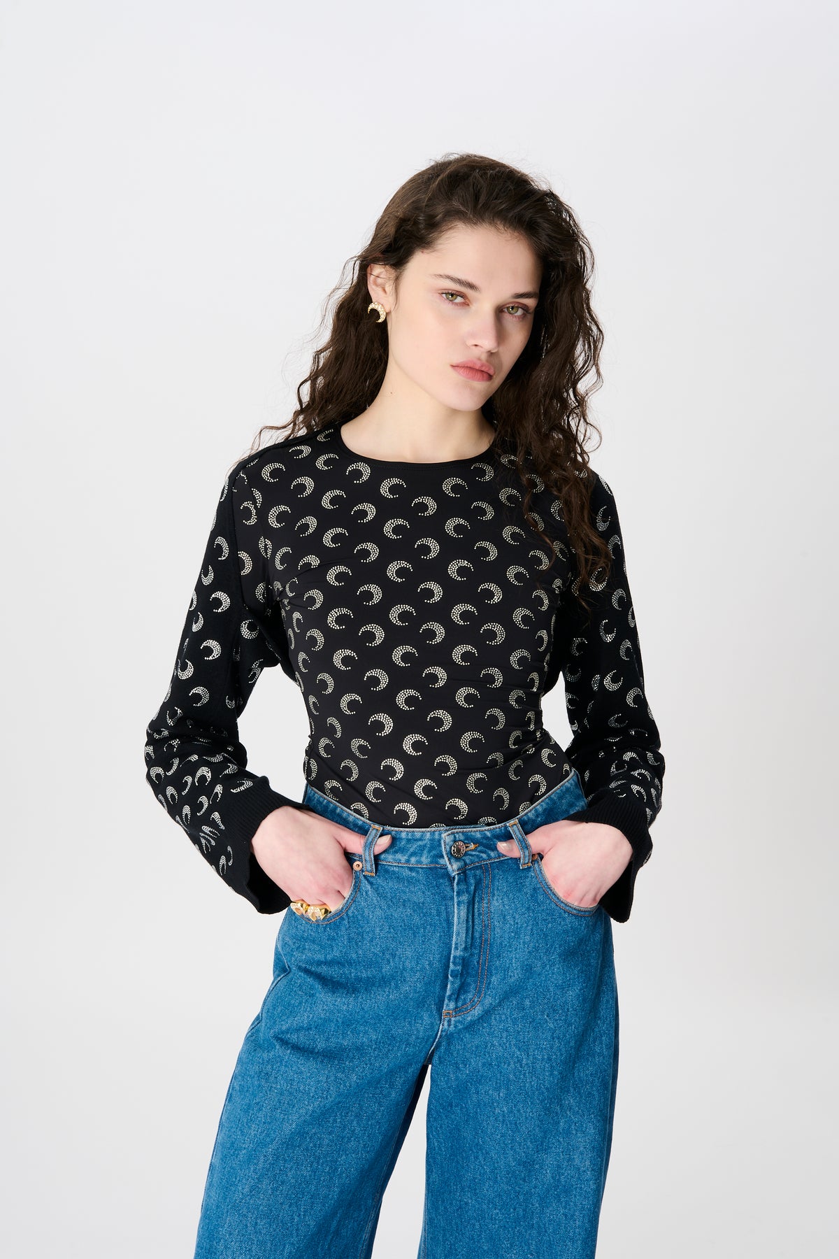 Recycled Moon Strass Jersey Second Skin Crewneck Top