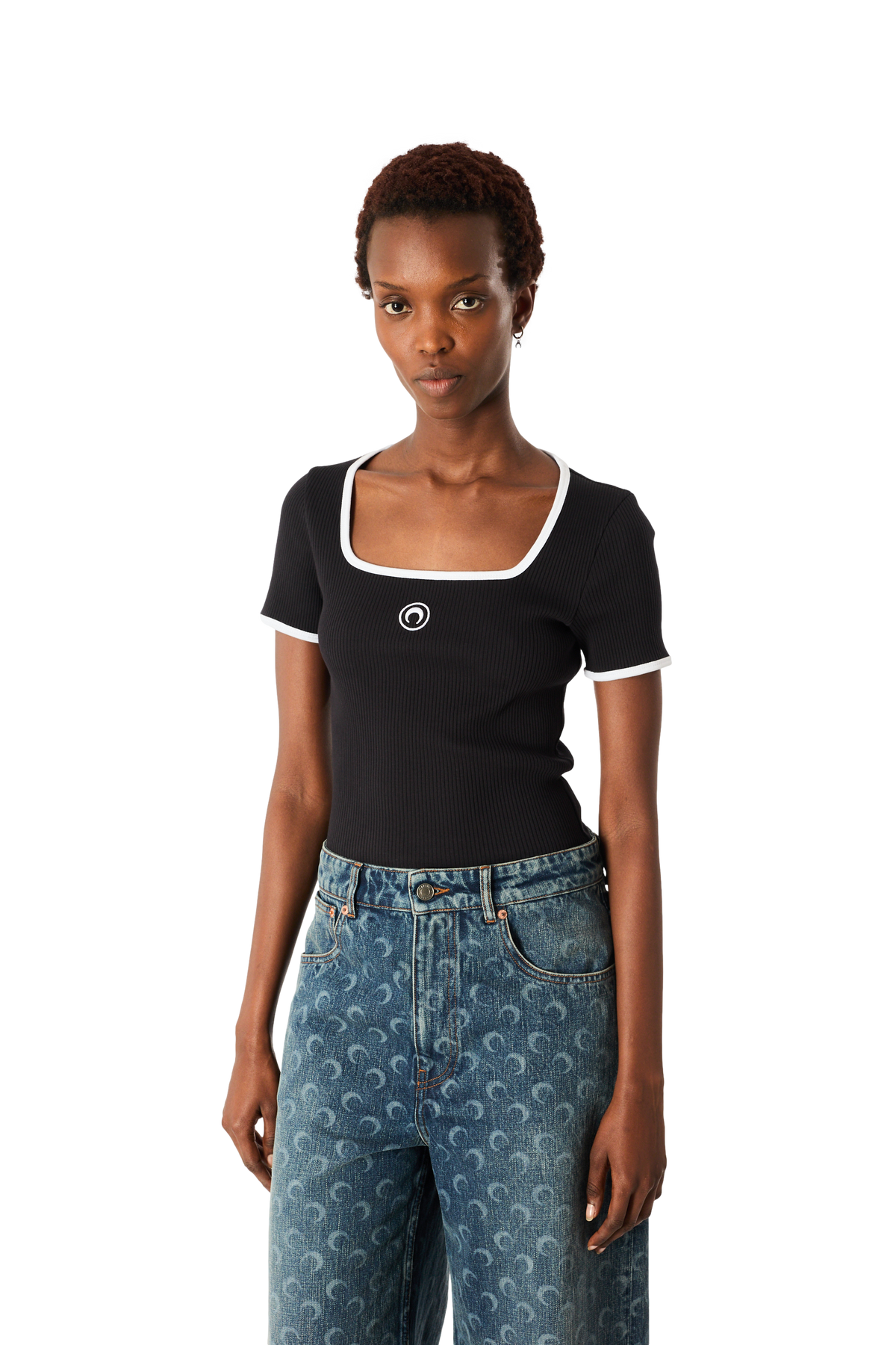 MOON LOGO BICOLOR RIBBED JERSEY SQUARENECK T-SHIRT