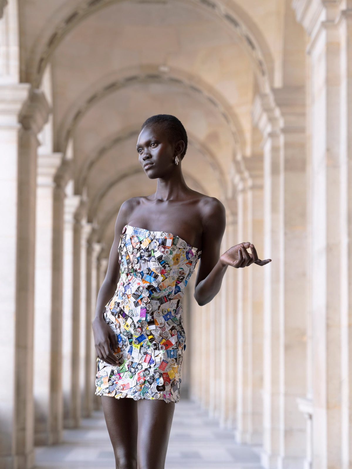 LOOK 3 - BUSTIER DRESS WITH RECYCLED PAINT TUBES