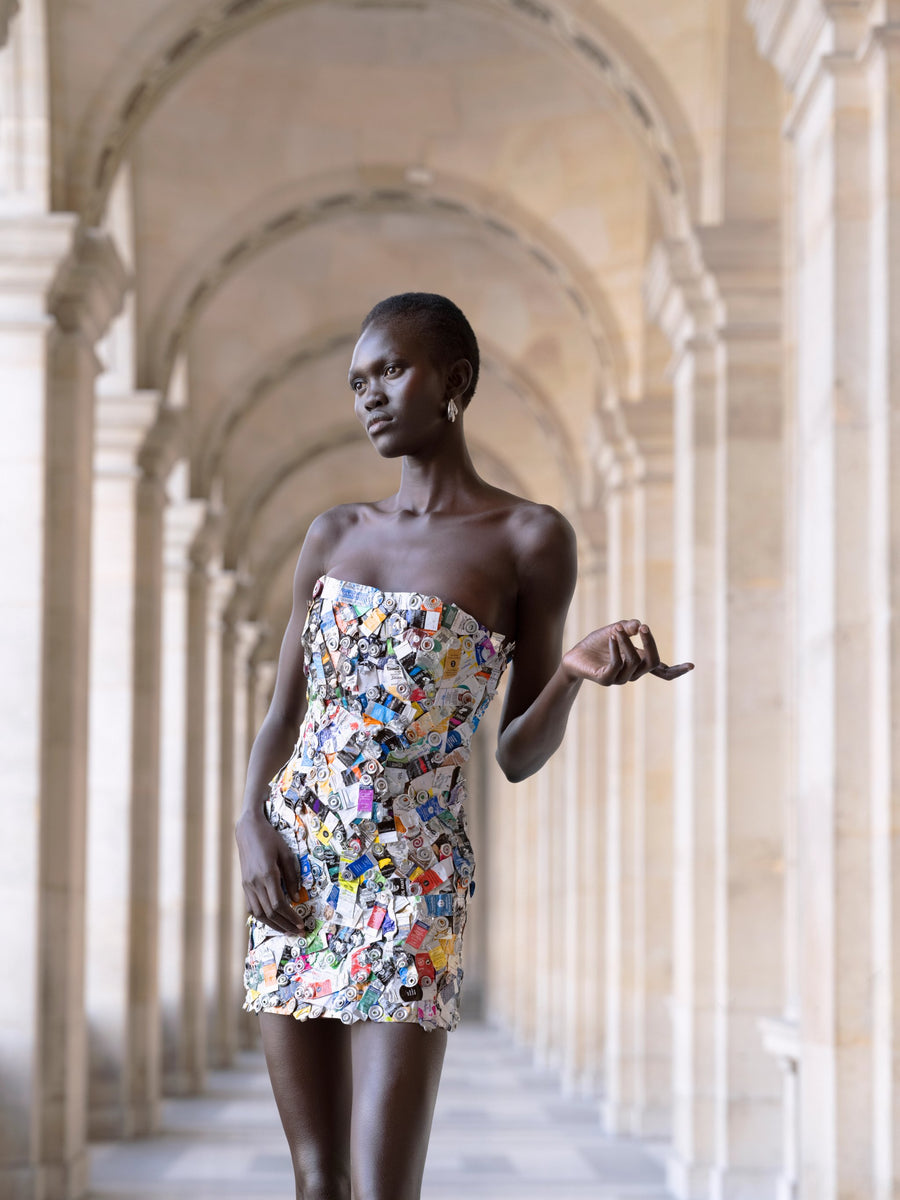 LOOK 3 - BUSTIER DRESS WITH RECYCLED PAINT TUBES